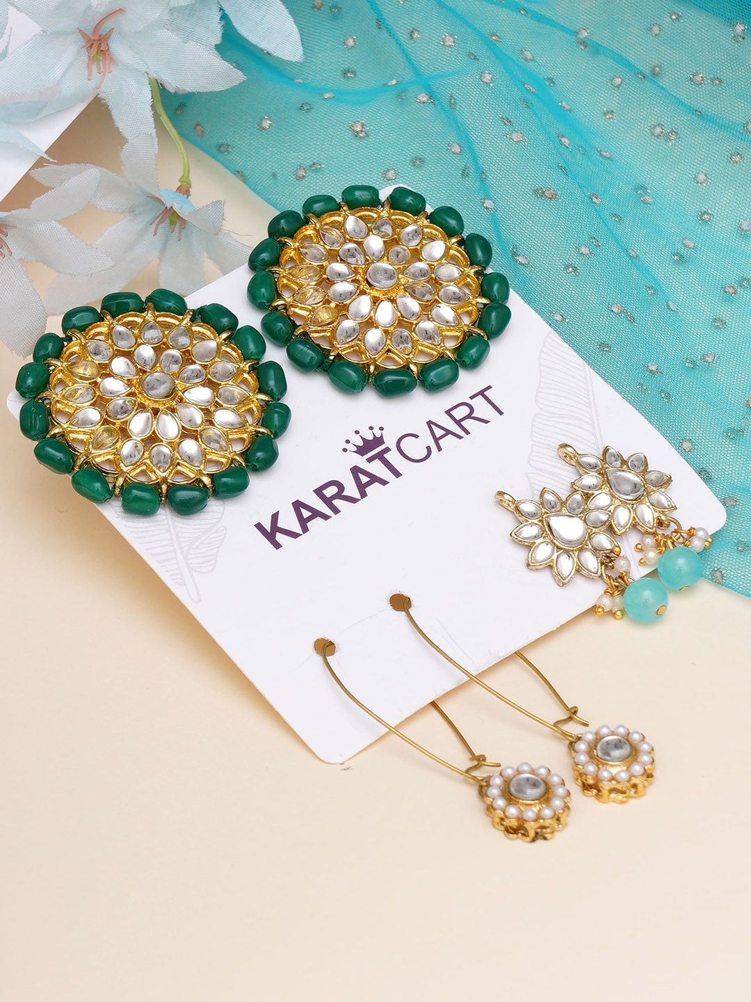 

KARATCART Multicoloured Set of 3 Classic Kundan Drop Earrings, Multi