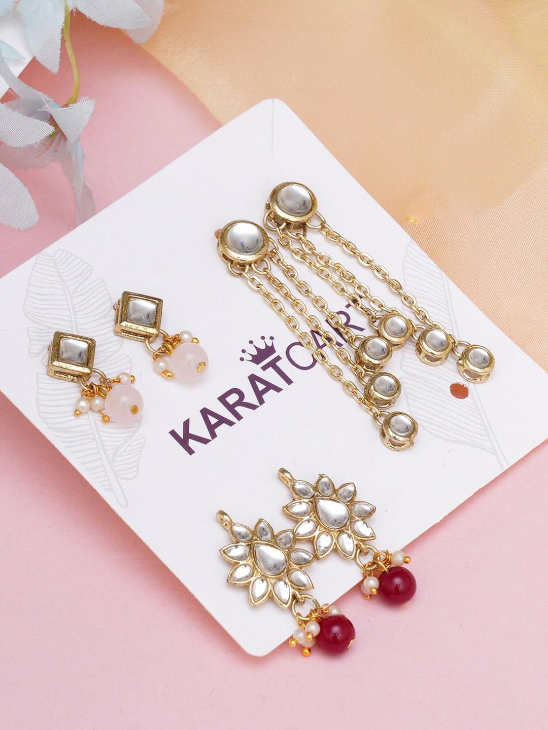 

KARATCART Set of 3 Gold-Plated & Red Classic Studs Earrings