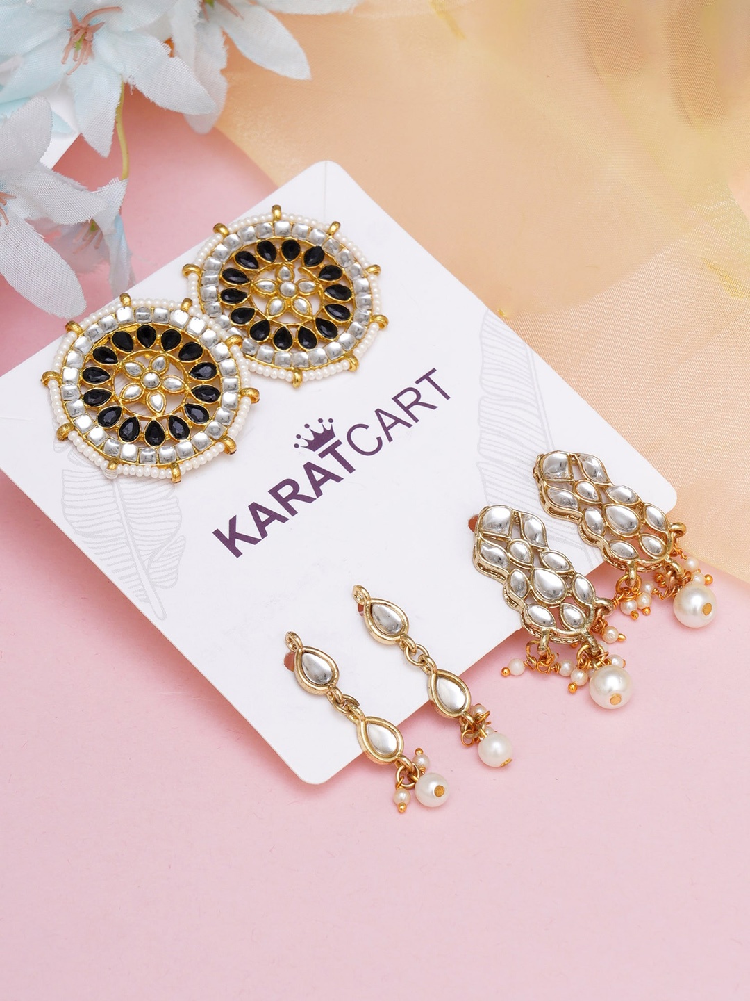 

KARATCART Set of 3 White Gold-Plated Kundan Classic Drop Earrings