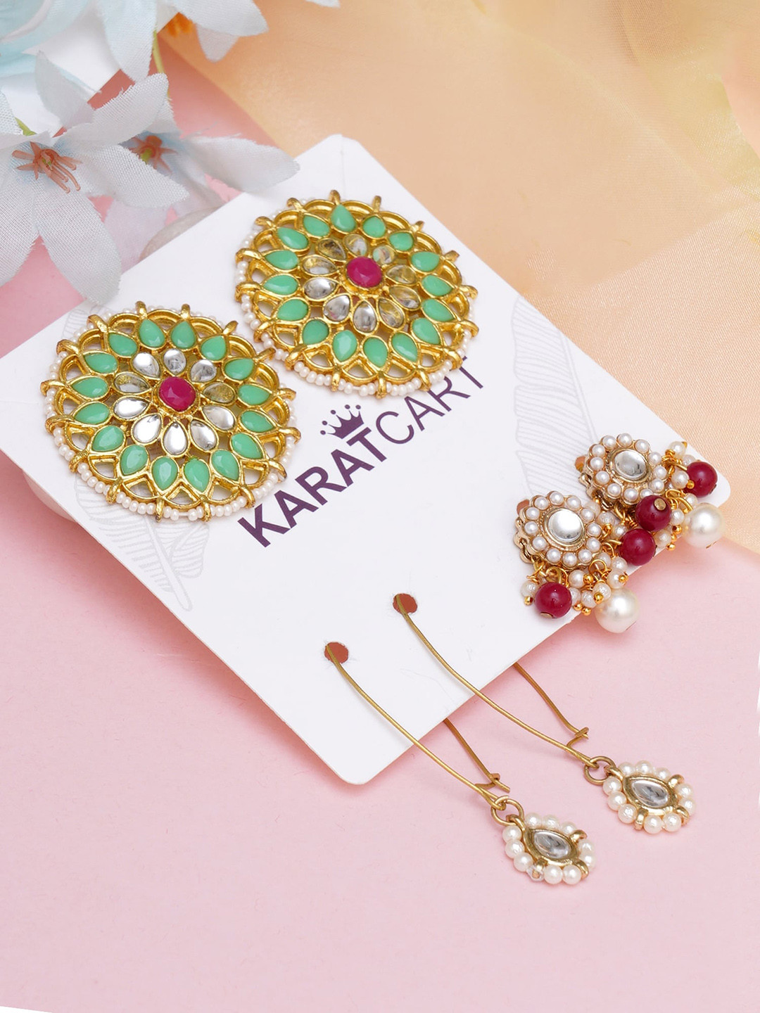 

KARATCART Green & Red Set Of 3 Gold Plated Classic Drop Earrings
