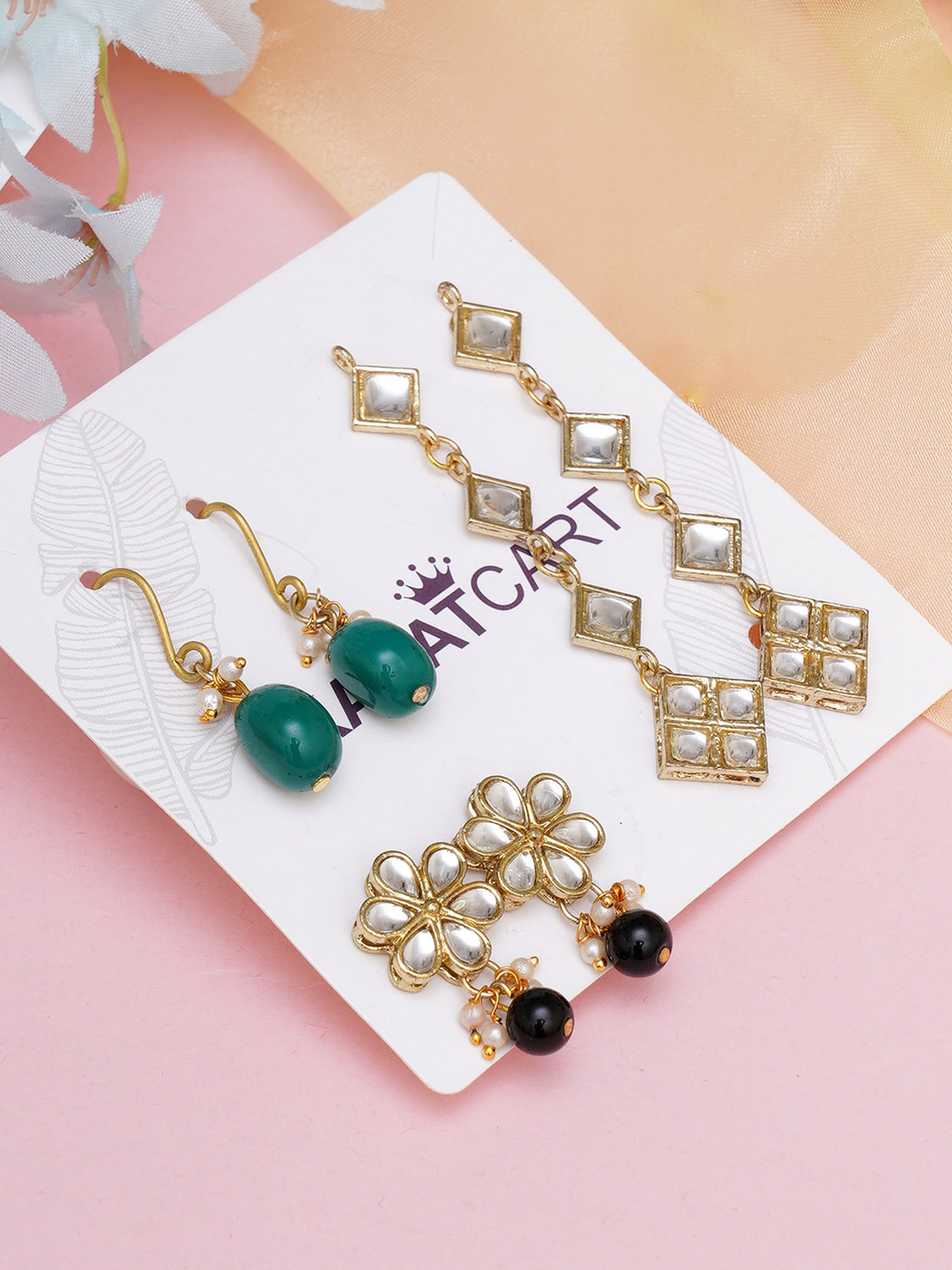 

KARATCART Set of 3 Gold-Plated Kundan Drop Earrings