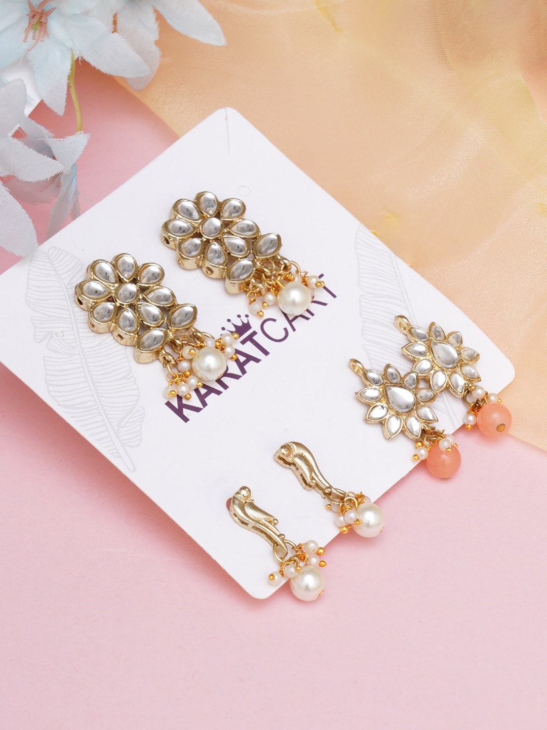 

KARATCART Set of 3 Gold-Toned & White Handcrafted Kundan Classic Drop Earrings