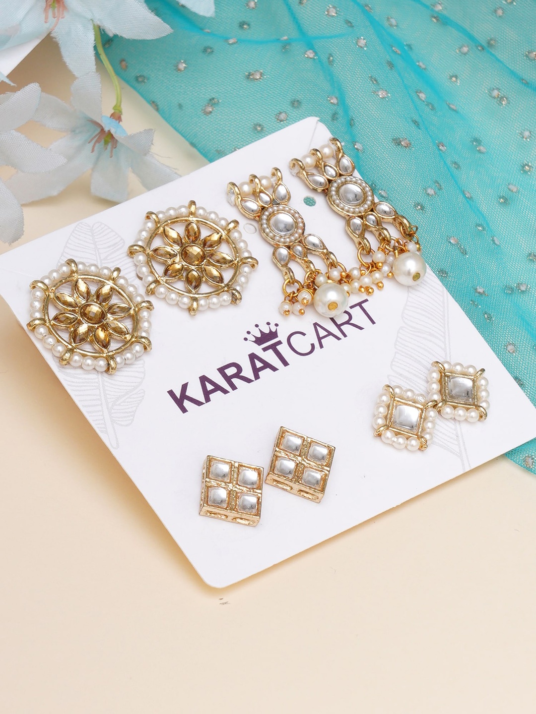 

KARATCART Women Set of 4 Gold-Toned & White Classic Studs Earrings