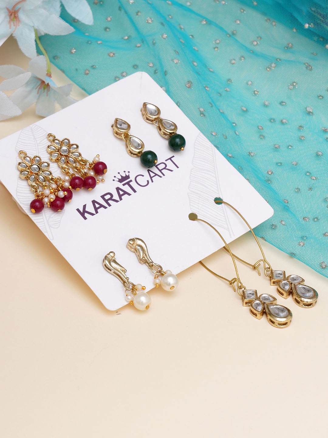 

KARATCART Set of 4 Classic Kundan Drop Earrings, Gold