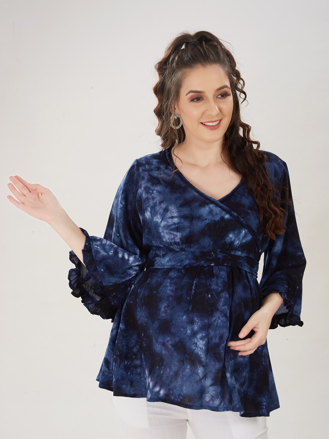 

Mom For Sure by Ketki Dalal Women Indigo Blue Tie Dye Wrap Maternity Top