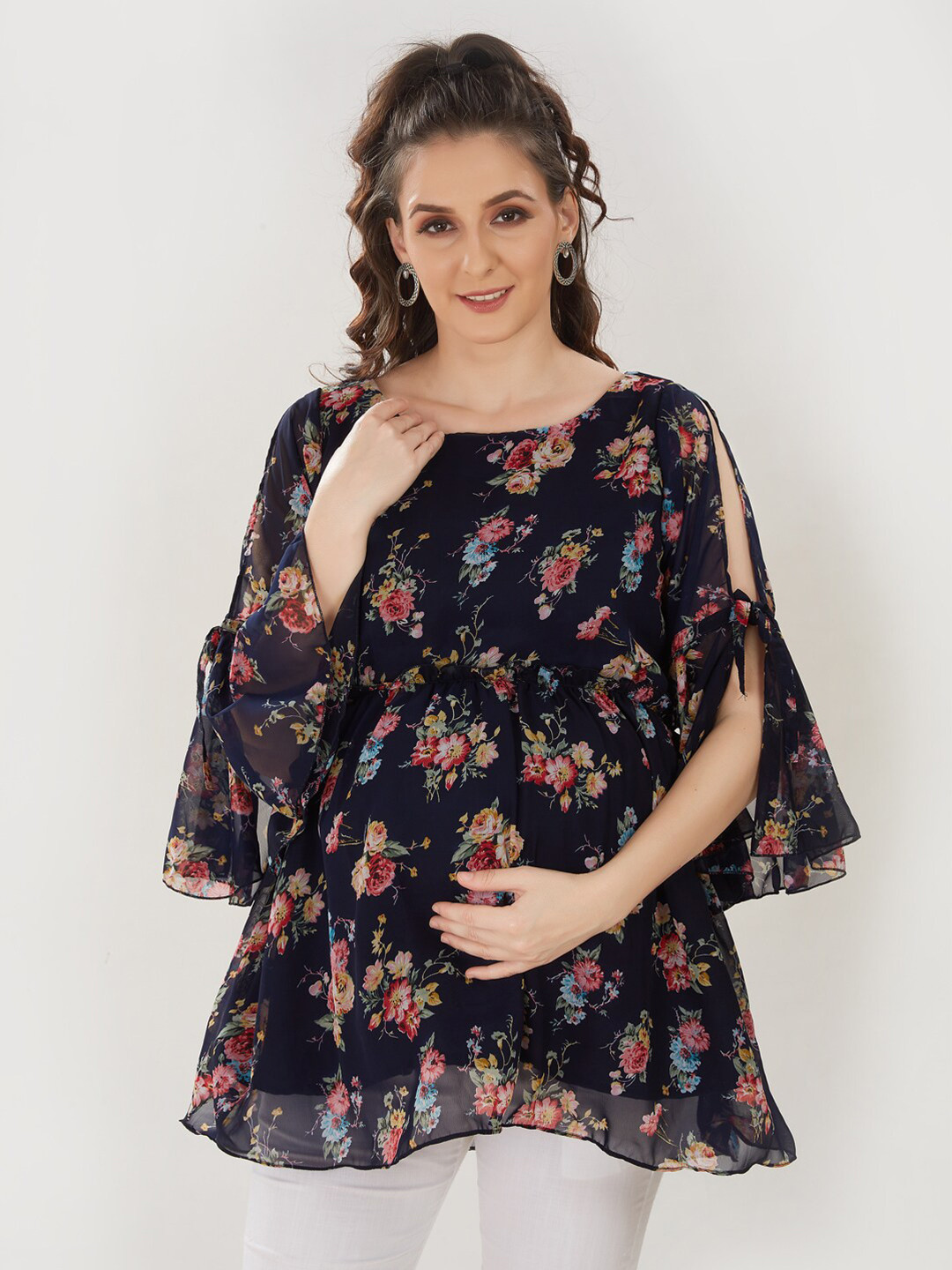 

Mom For Sure by Ketki Dalal Women Navy Blue Floral Print Bell Sleeves Modal Maternity Top