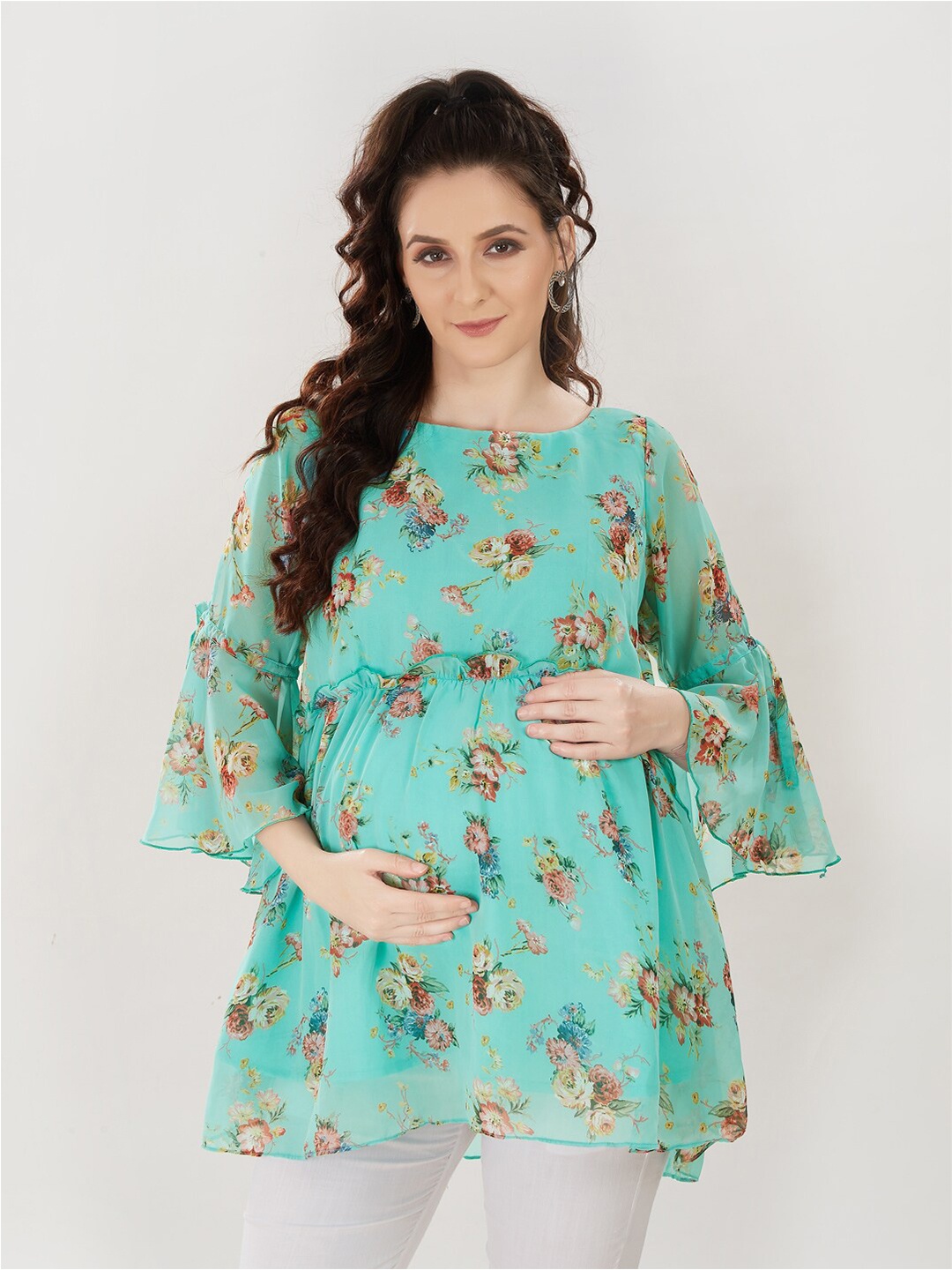 

Mom For Sure by Ketki Dalal Women Sea Green Floral Print Georgette Longline Maternity Top