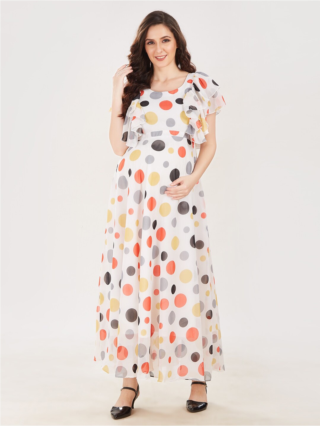 

Mom For Sure by Ketki Dalal Maternity White & Red Georgette Maxi Dress