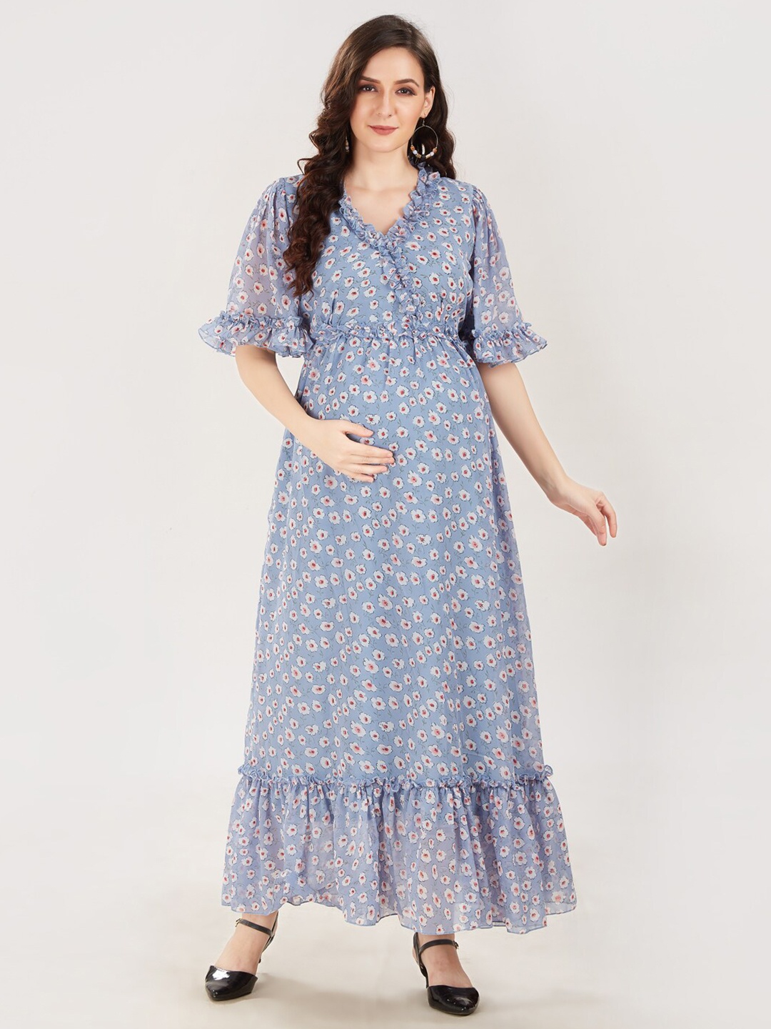 

Mom For Sure by Ketki Dalal Women Blue Floral Georgette Maternity Maxi Dress