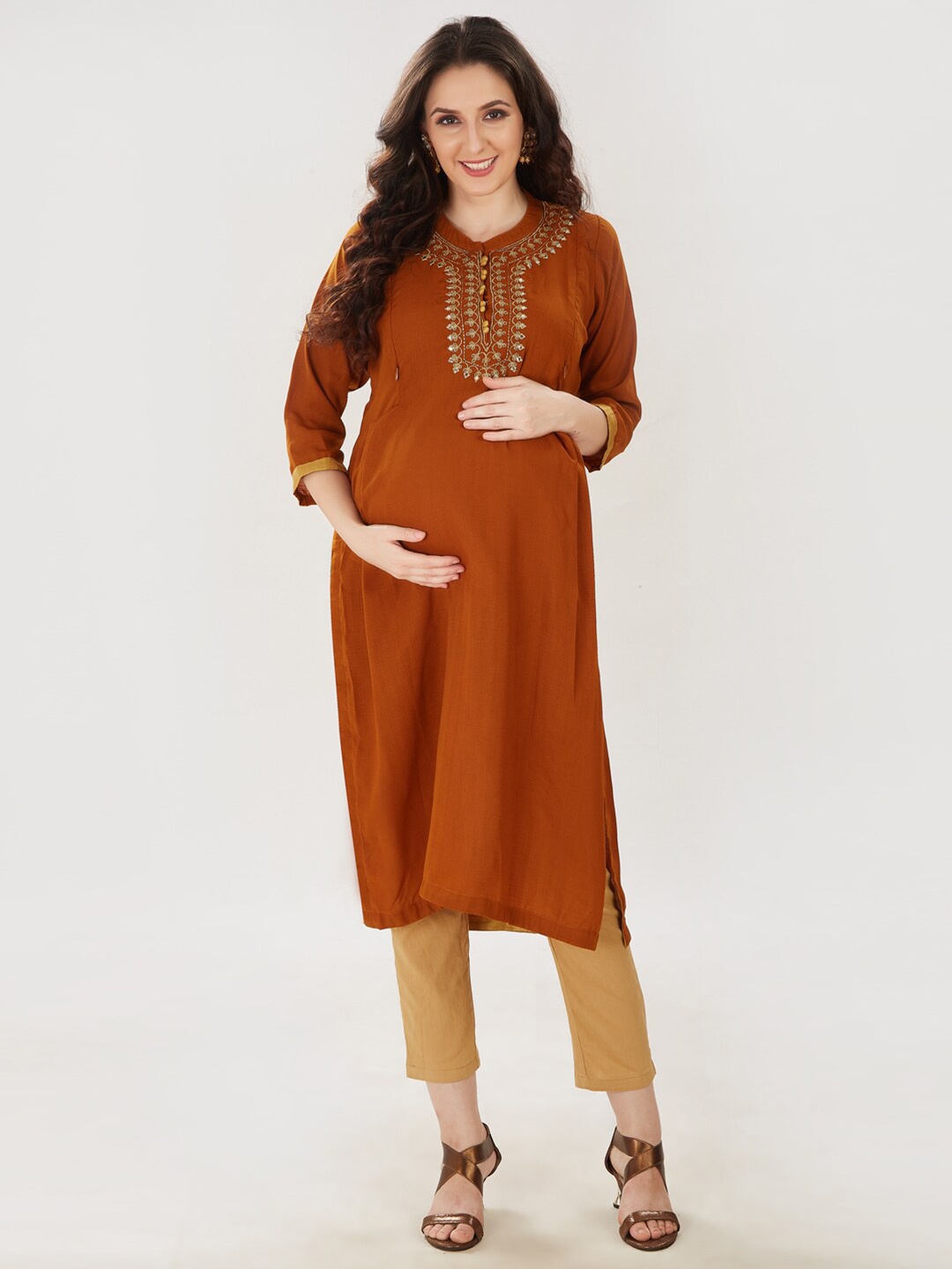 

Mom For Sure by Ketki Dalal Women Rust Yoke Design Maternity Kurta