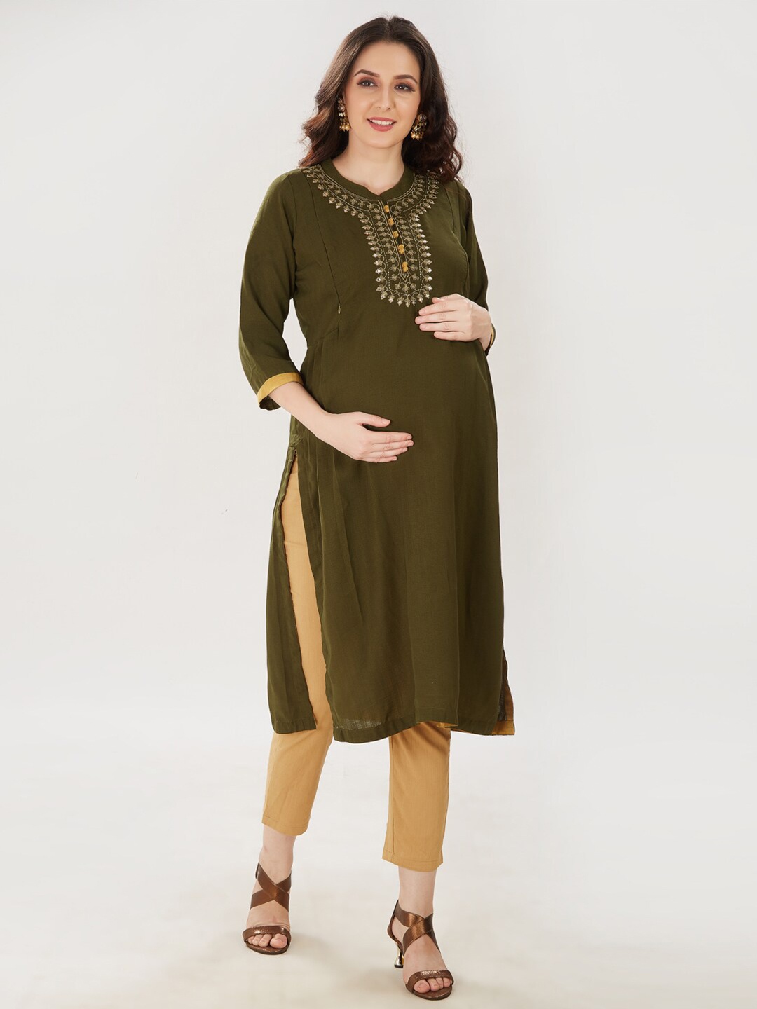 

Mom For Sure by Ketki Dalal Women Olive Green Embroidered Maternity Crepe Kurta