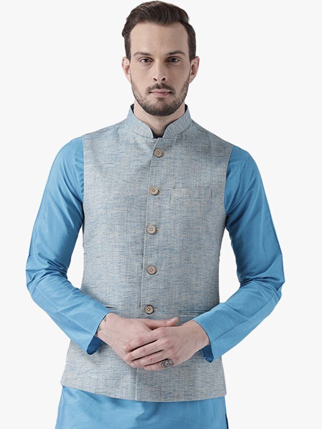 

KISAH Men Solid Regular Fit Ethnic Motifs Nehru Jacket, Blue