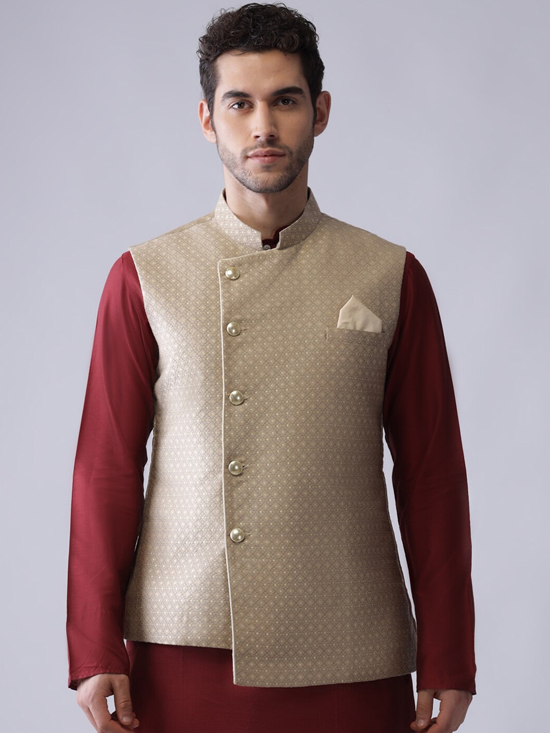 

KISAH Men Beige Woven Design Nehru Jacket