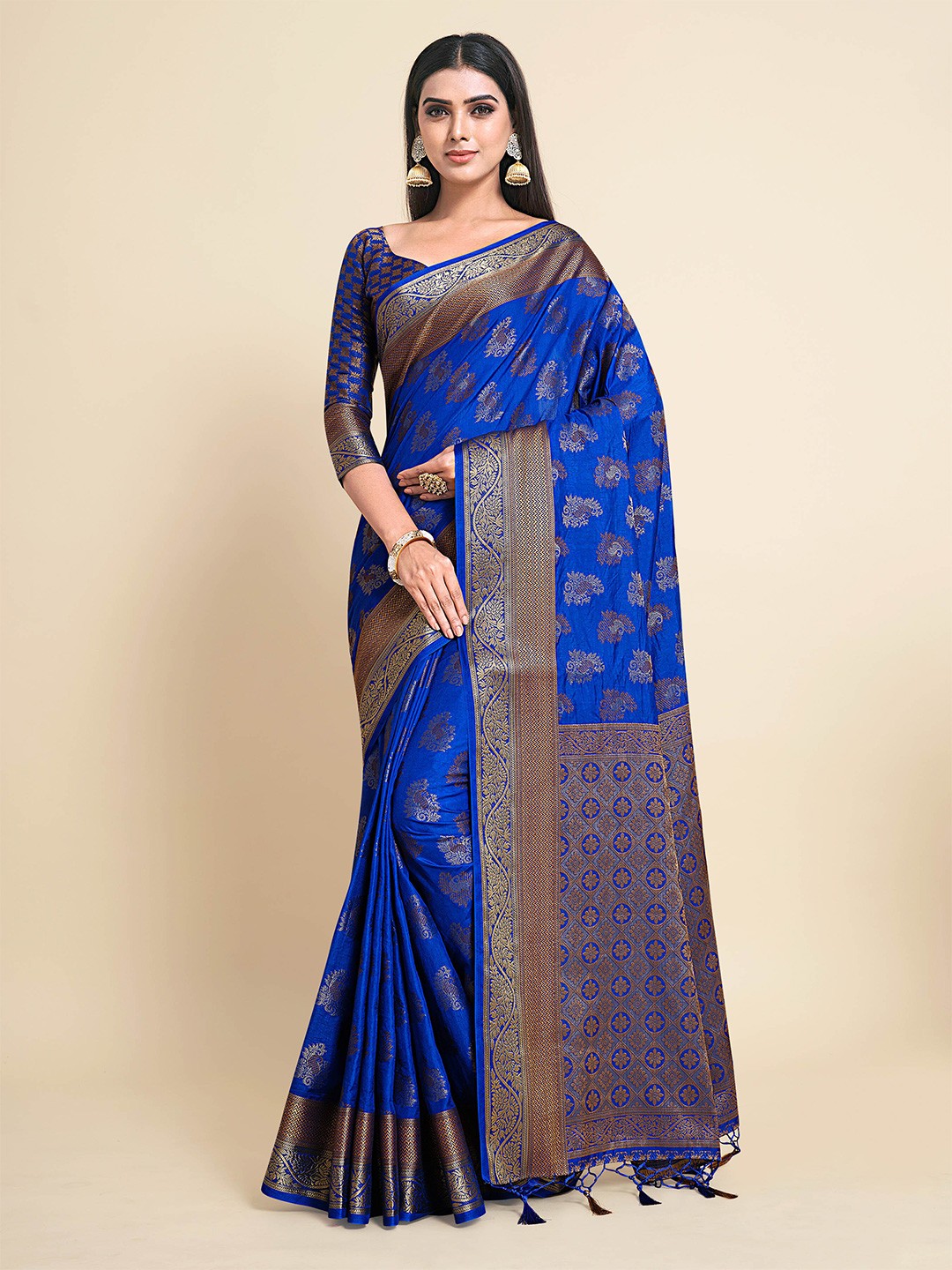 

MIMOSA Blue & Gold-Toned Woven Design Zari Art Silk Kanjeevaram Saree