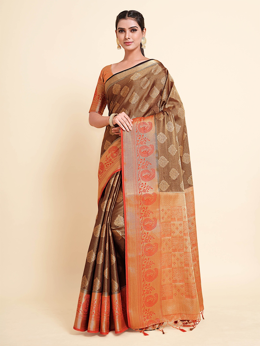 

MIMOSA Burgundy & Orange Woven Design Zari Art Silk Kanjeevaram Saree