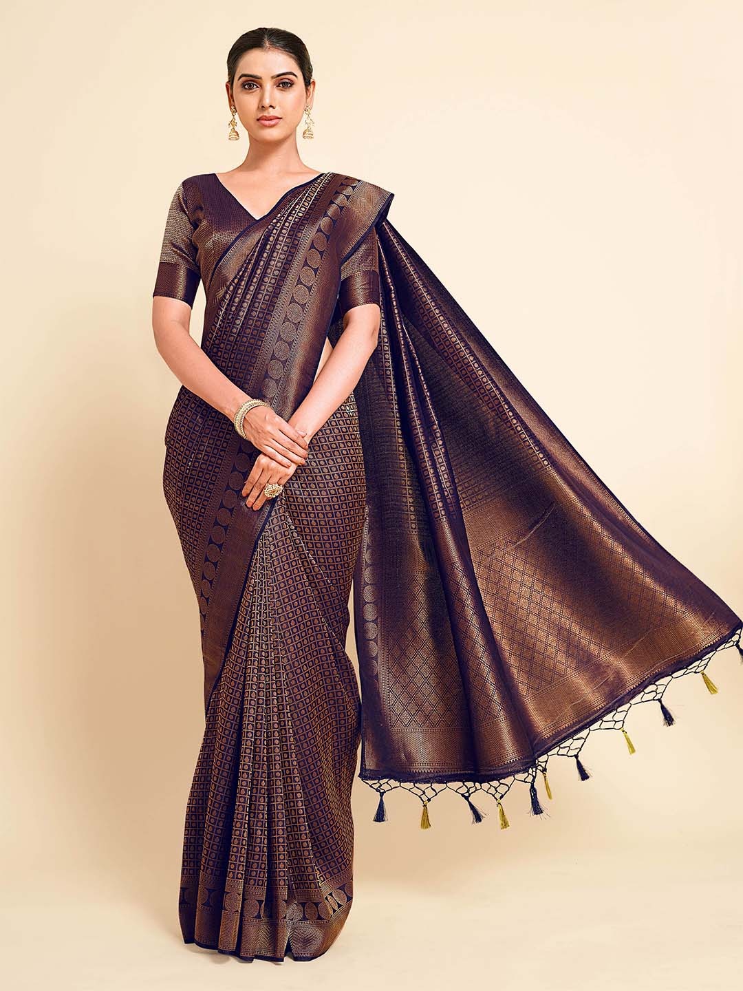 

MIMOSA Navy Blue & Copper Woven Design Zari Art Silk Kanjeevaram Saree
