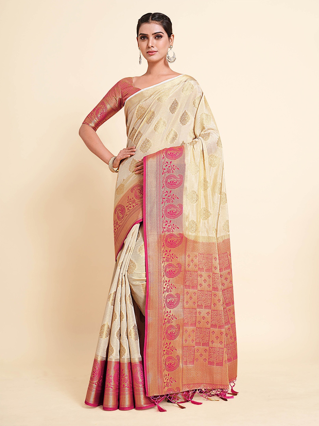 

MIMOSA Off White & Red Woven Design Zari Art Silk Kanjeevaram Saree