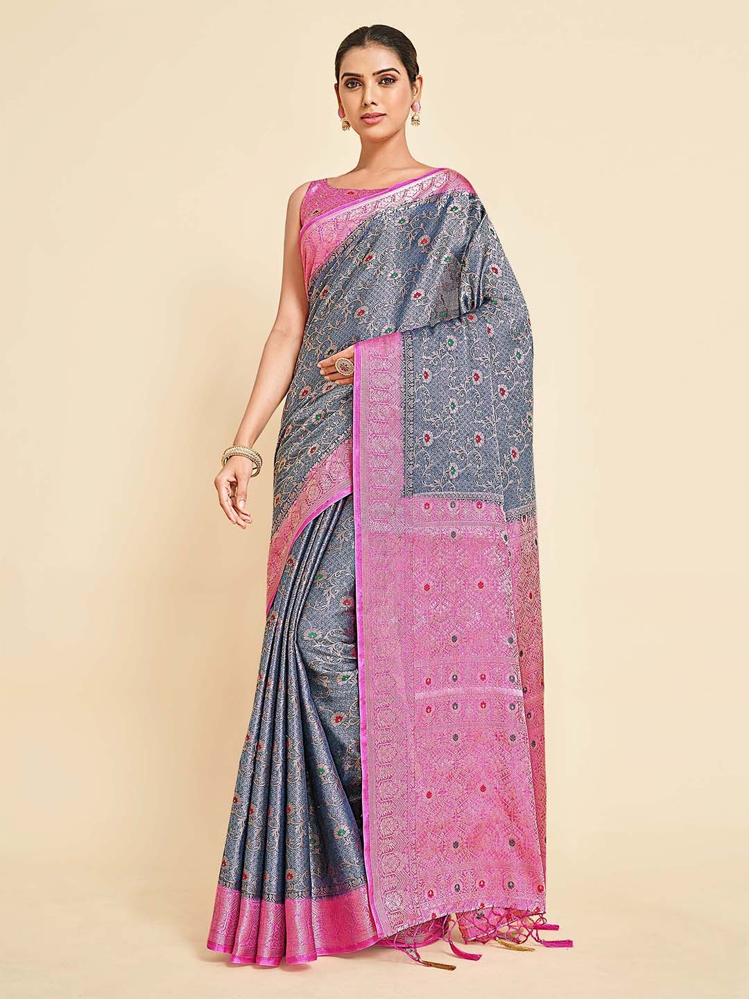 

MIMOSA Navy Blue & Pink Woven Design Zari Art Silk Kanjeevaram Saree