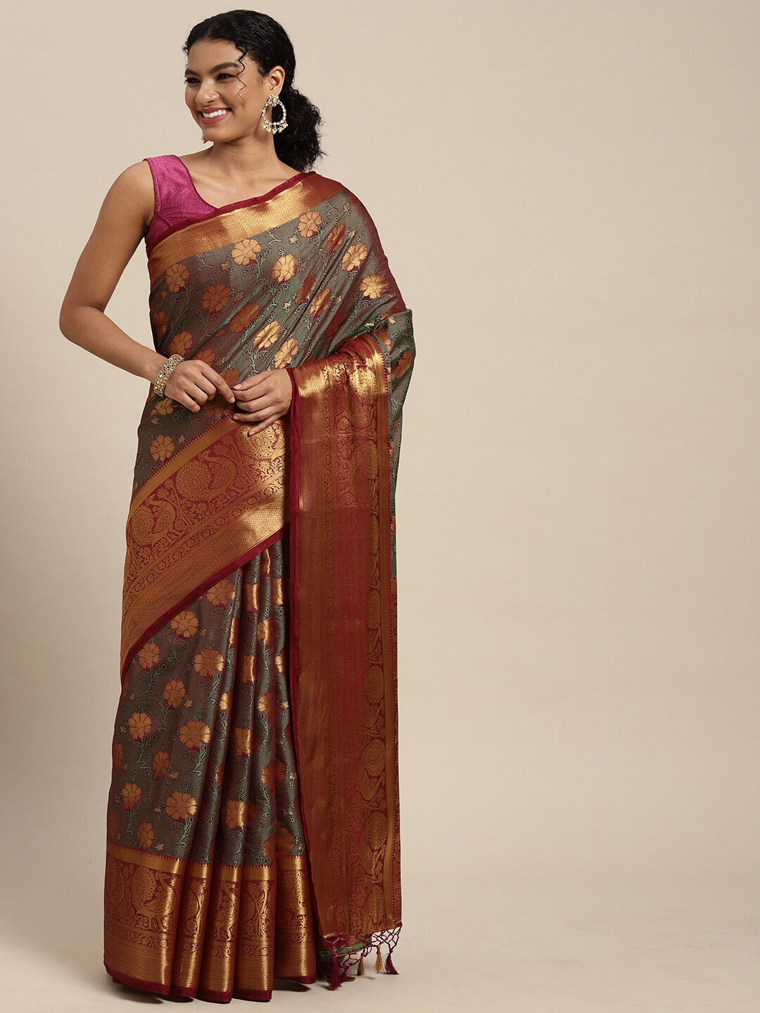 

MIMOSA Purple & Green Woven Design Zari Art Silk Kanjeevaram Saree