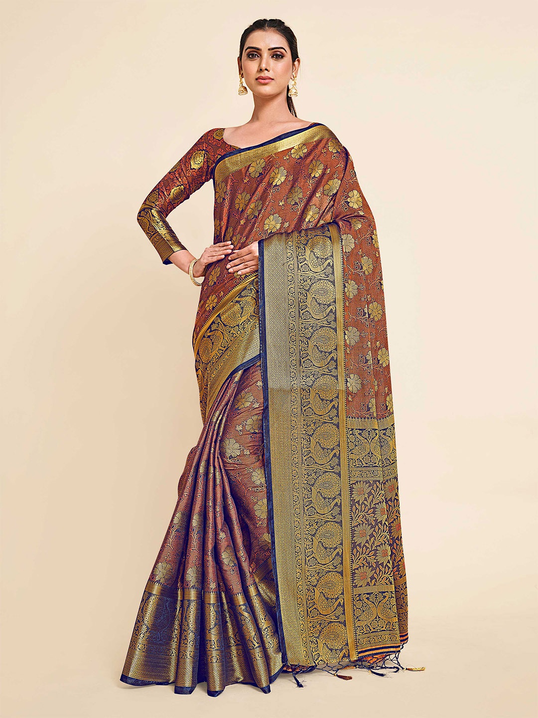 

MIMOSA Navy Blue & Orange Woven Design Zari Art Silk Kanjeevaram Saree