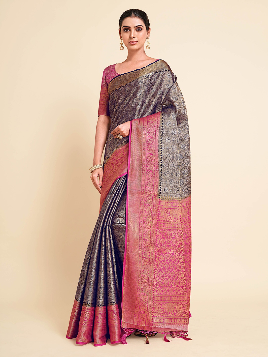 

MIMOSA Navy Blue & Red Paisley Zari Art Silk Kanjeevaram Saree