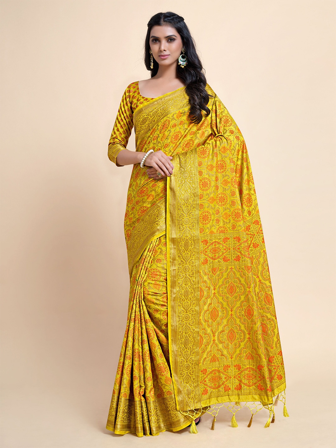 

MIMOSA Mustard & Red Woven Design Zari Art Silk Kanjeevaram Saree