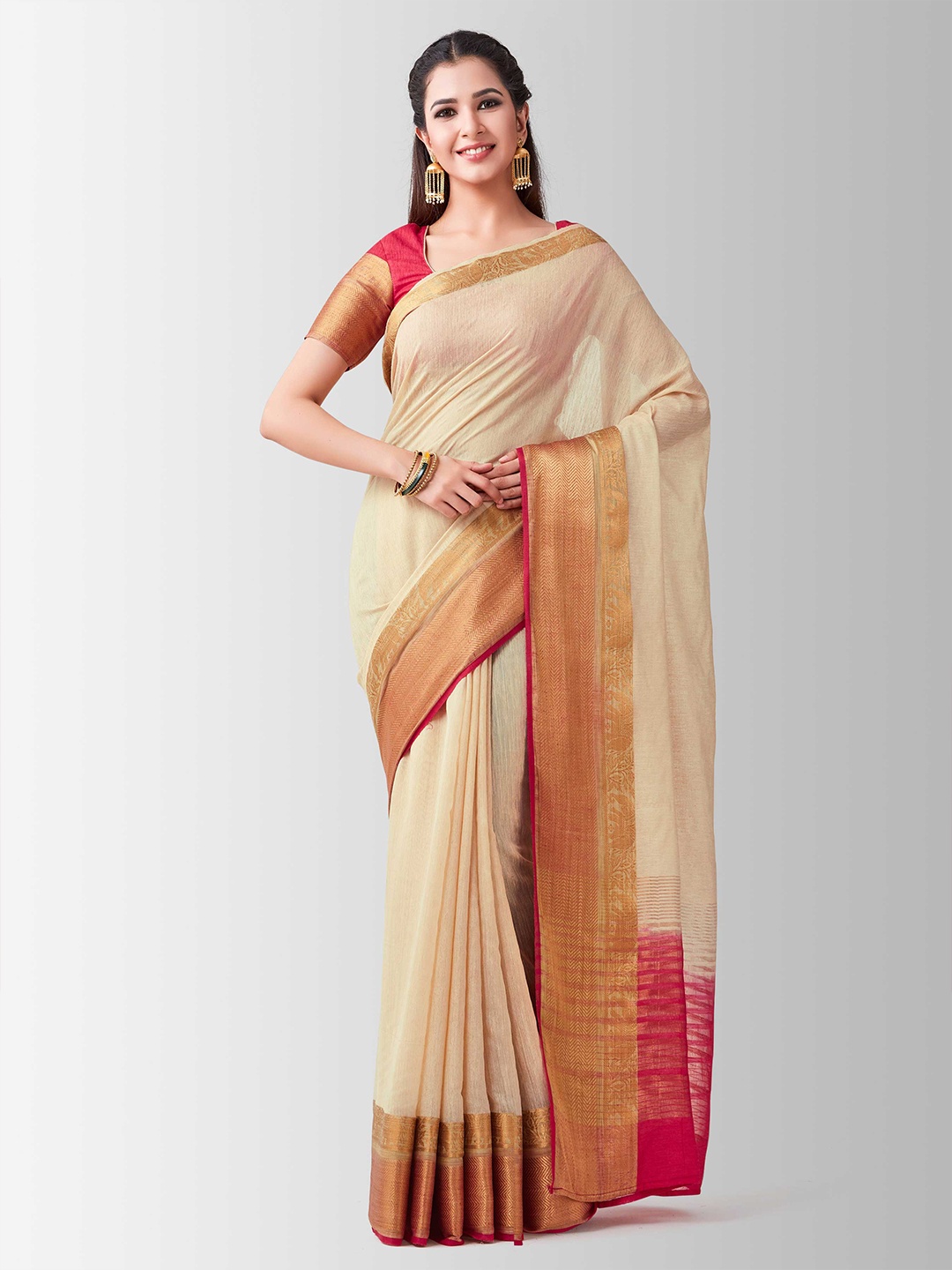 

MIMOSA Beige & Red Zari Art Silk Kanjeevaram Saree