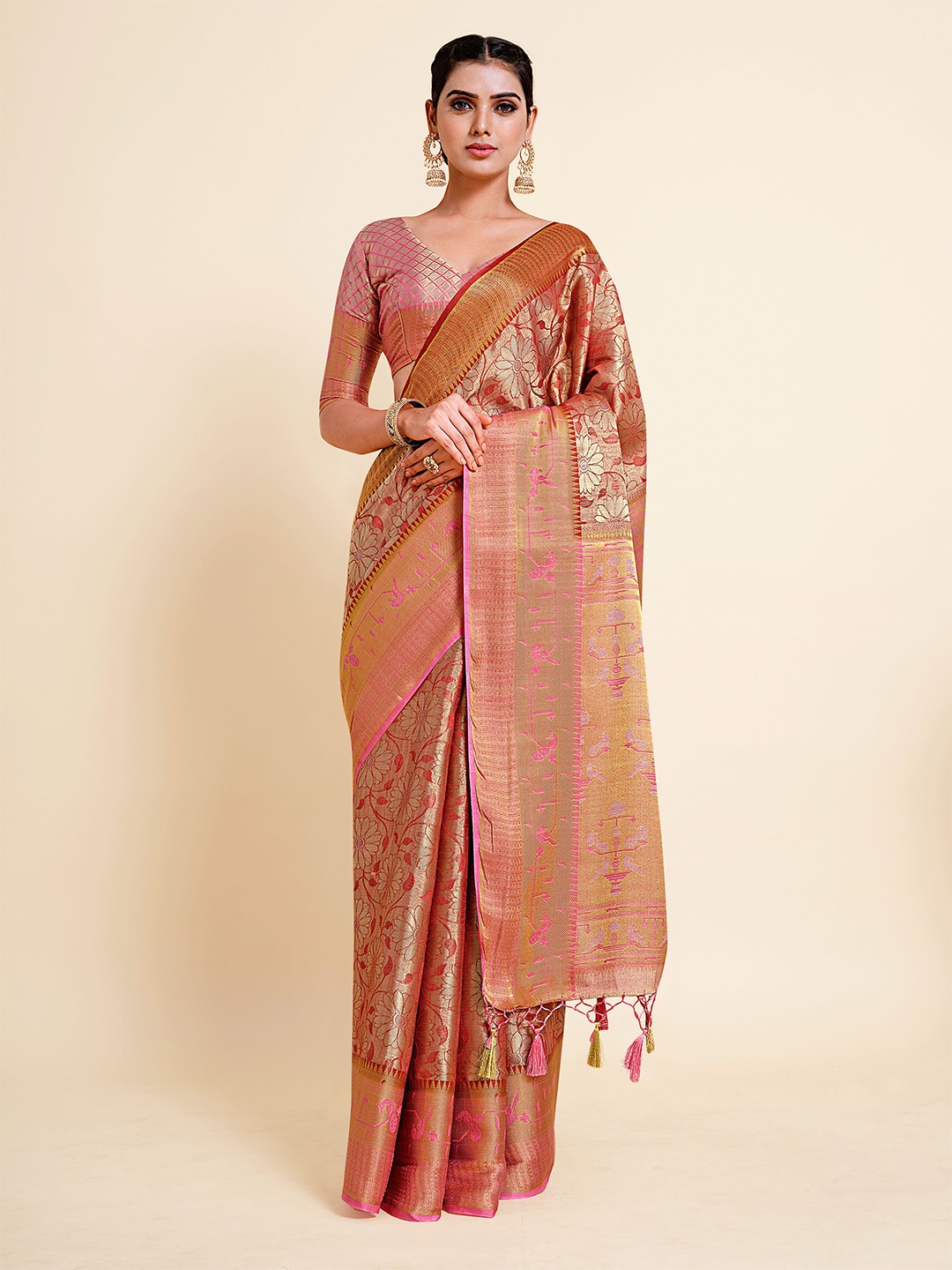 

MIMOSA Maroon & Pink Woven Design Zari Art Silk Kanjeevaram Saree