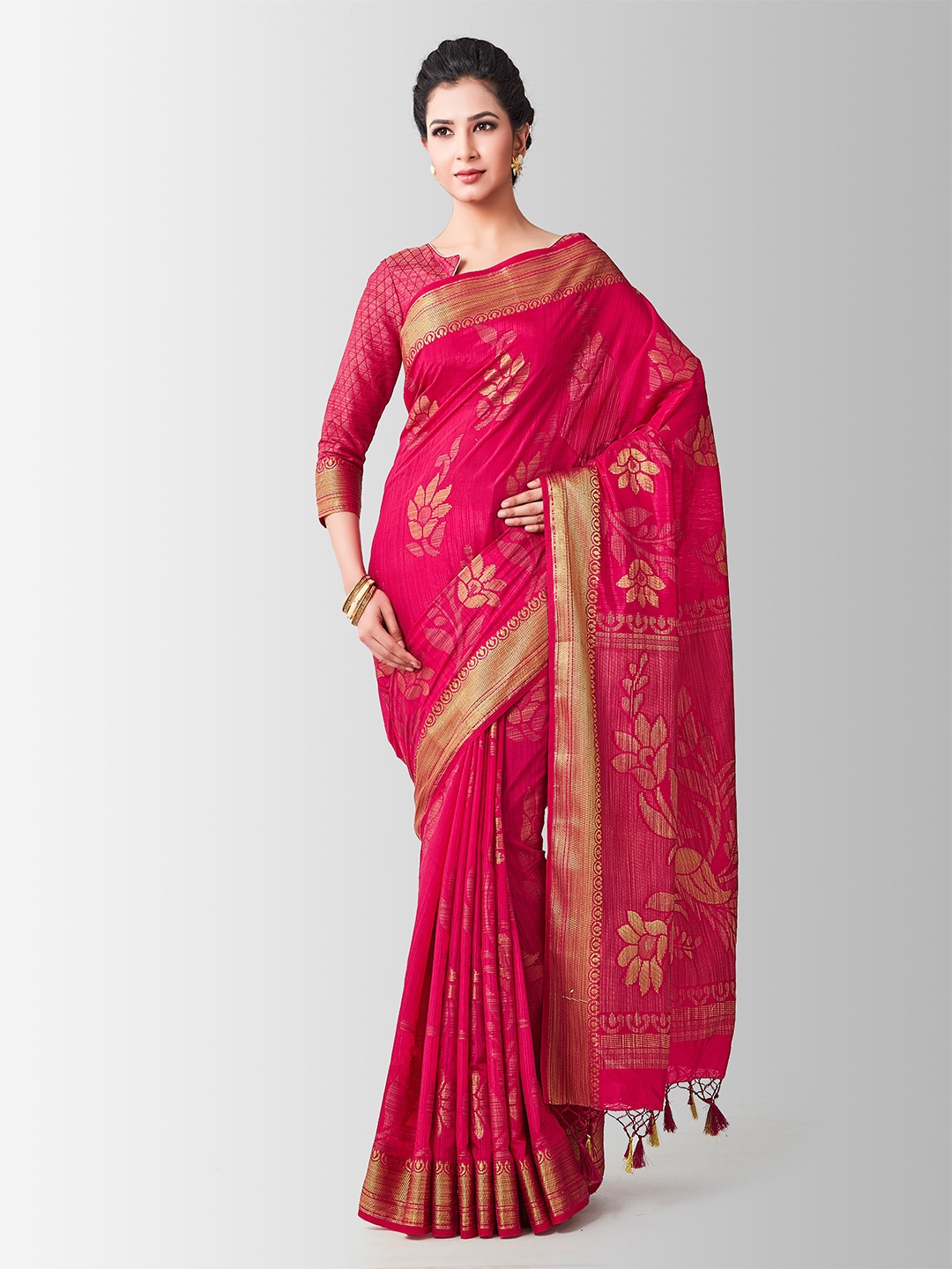 

MIMOSA Pink & Gold-Toned Woven Design Zari Art Silk Kanjeevaram Saree