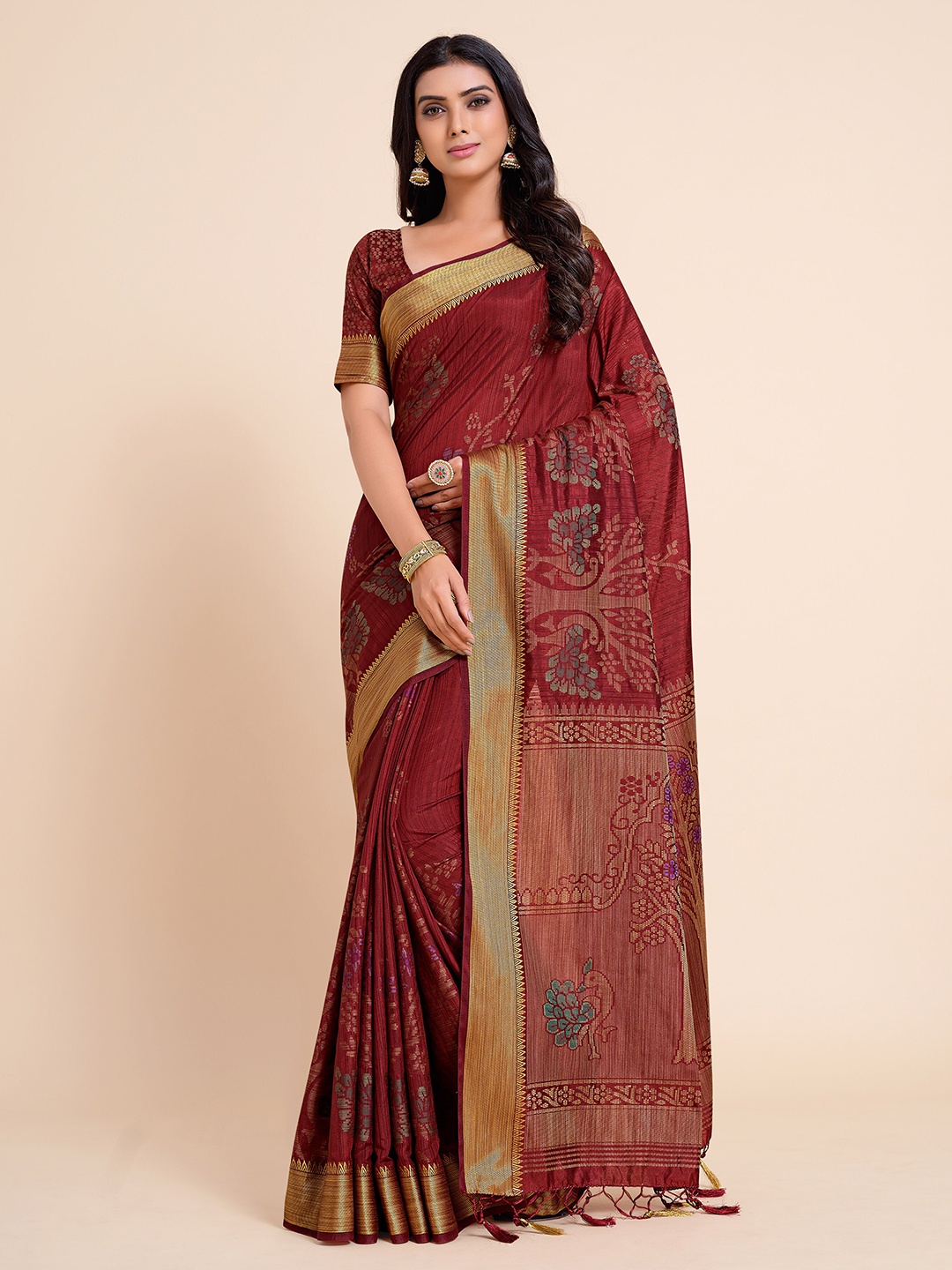 

MIMOSA Maroon & Green Woven Design Zari Art Silk Kanjeevaram Saree