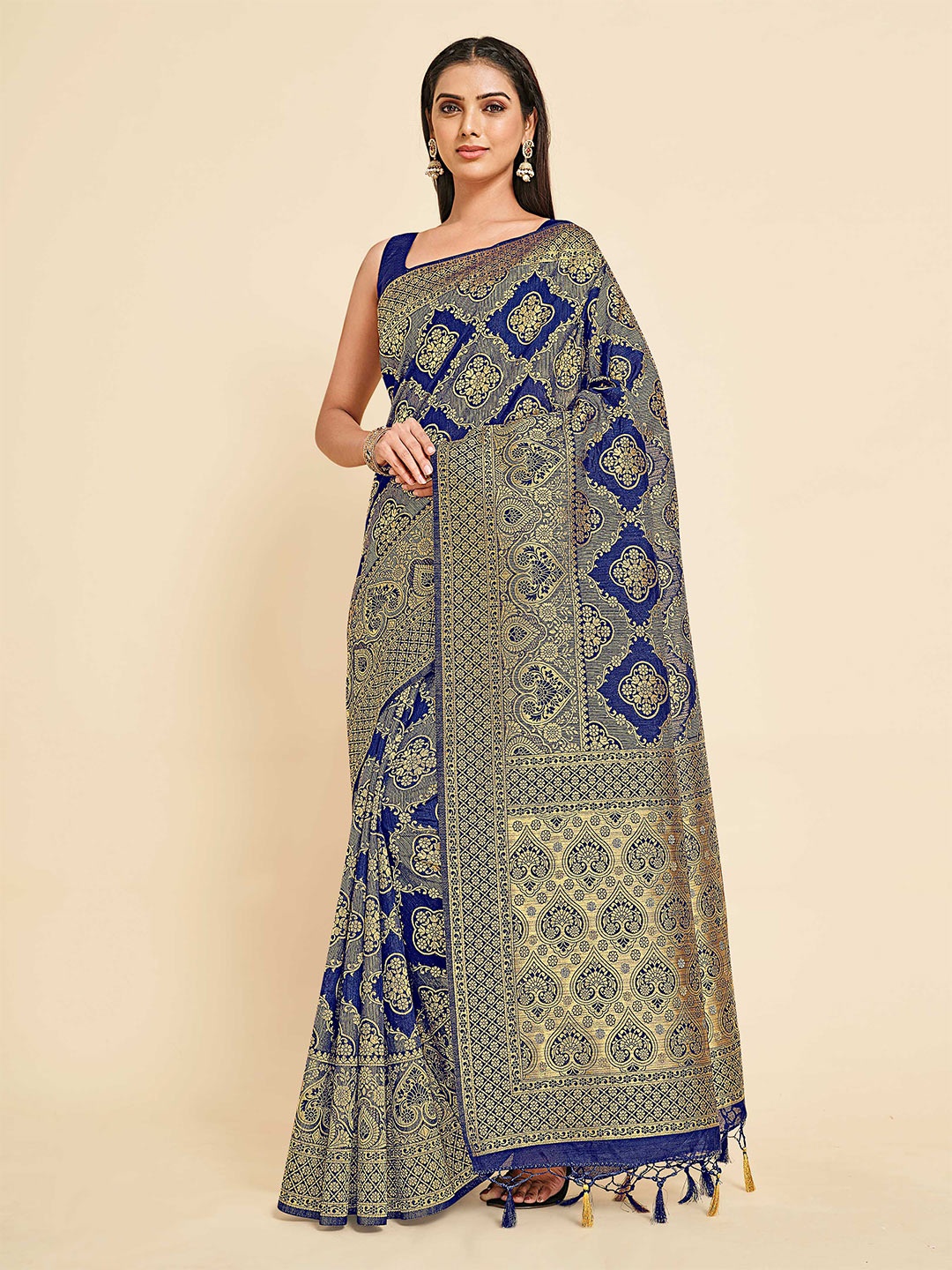 

MIMOSA Navy Blue & Gold-Toned Woven Design Zari Art Silk Kanjeevaram Saree