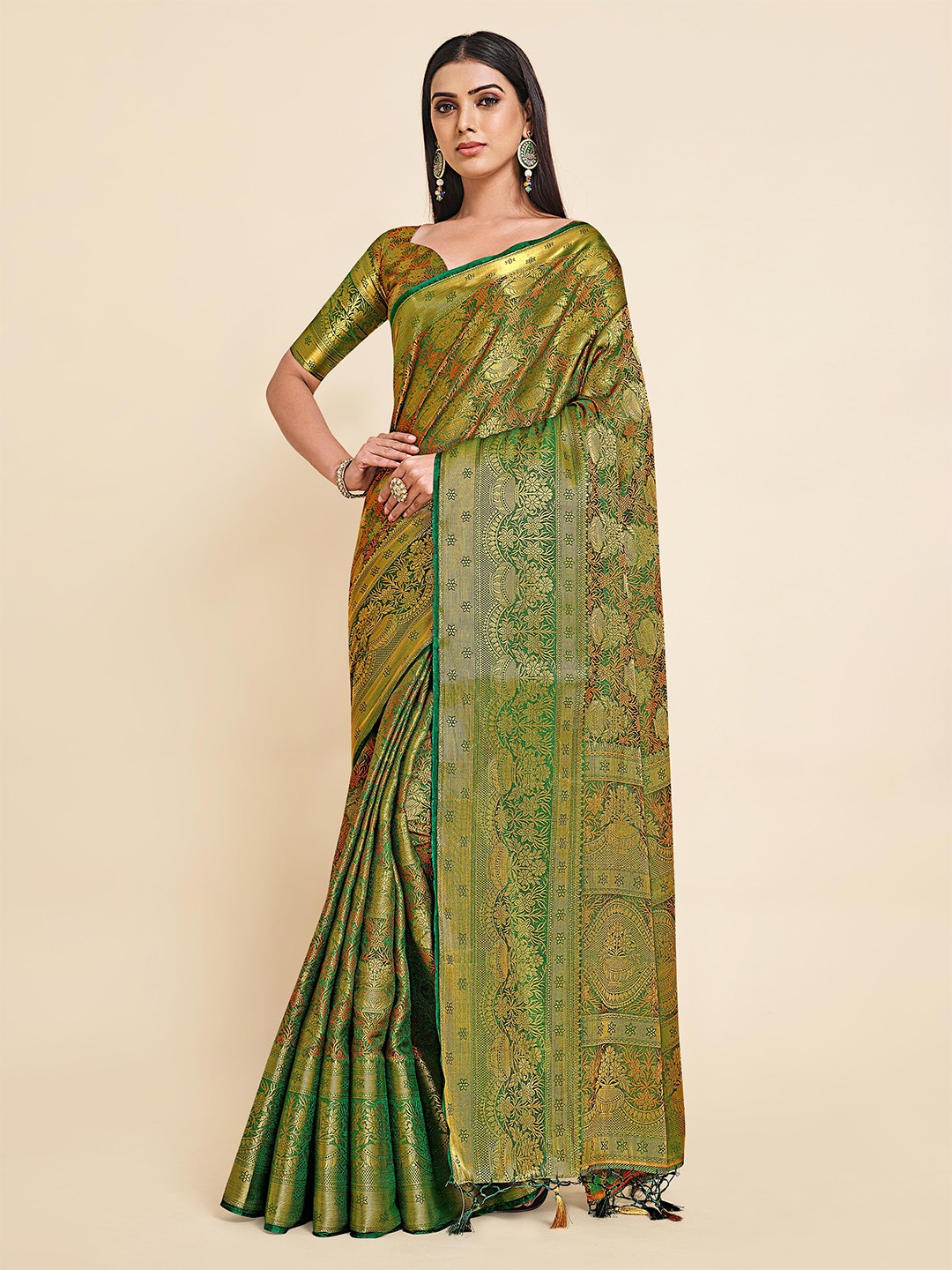 

MIMOSA Green & Orange Woven Design Zari Art Silk Kanjeevaram Saree