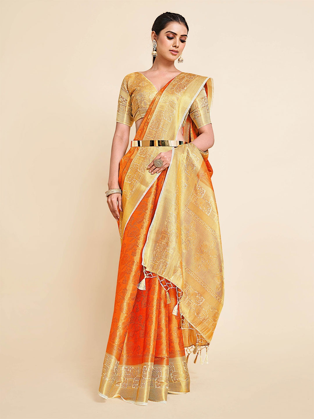

MIMOSA Orange & Yellow Woven Design Zari Art Silk Kanjeevaram Saree