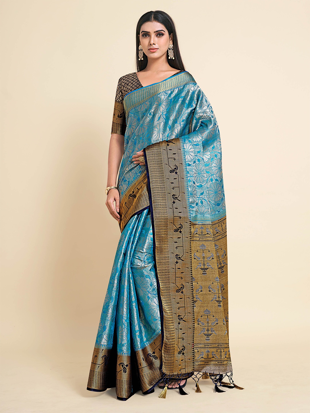 

MIMOSA Turquoise Blue & Silver-Toned Woven Design Zari Art Silk Kanjeevaram Saree