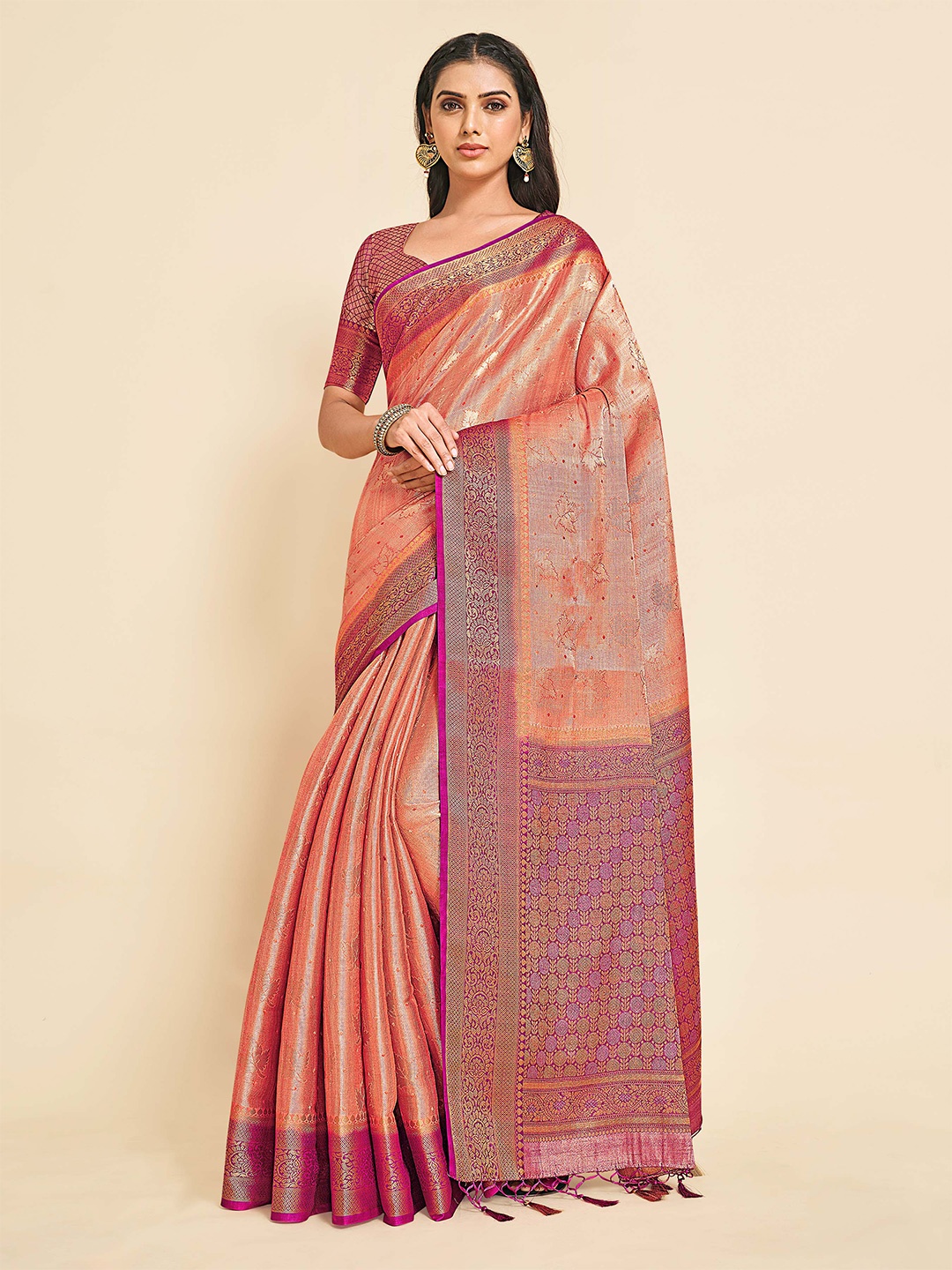 

MIMOSA Orange & Pink Woven Design Zari Art Silk Kanjeevaram Saree