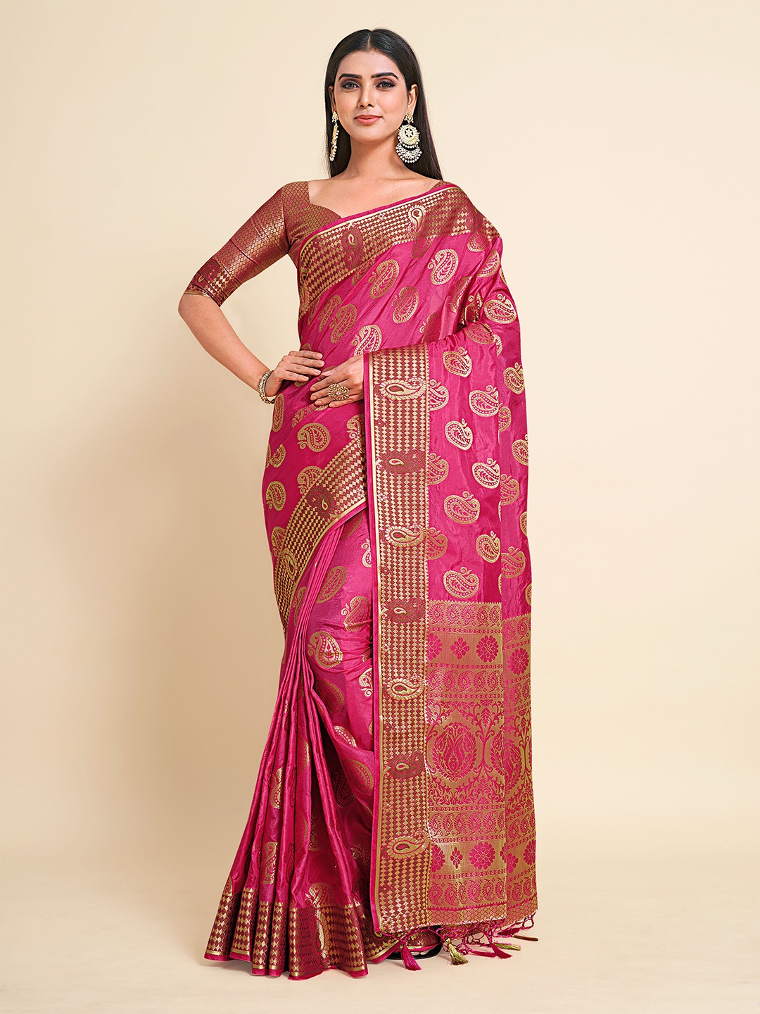 

MIMOSA Pink & Gold-Toned Woven Design Zari Art Silk Kanjeevaram Saree