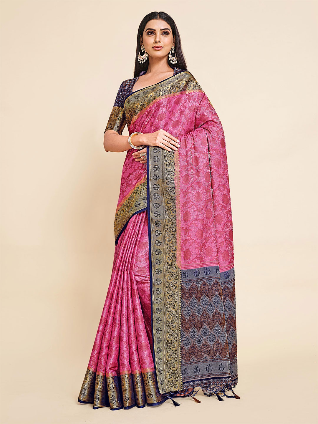 

MIMOSA Pink & Grey Woven Design Zari Art Silk Kanjeevaram Saree