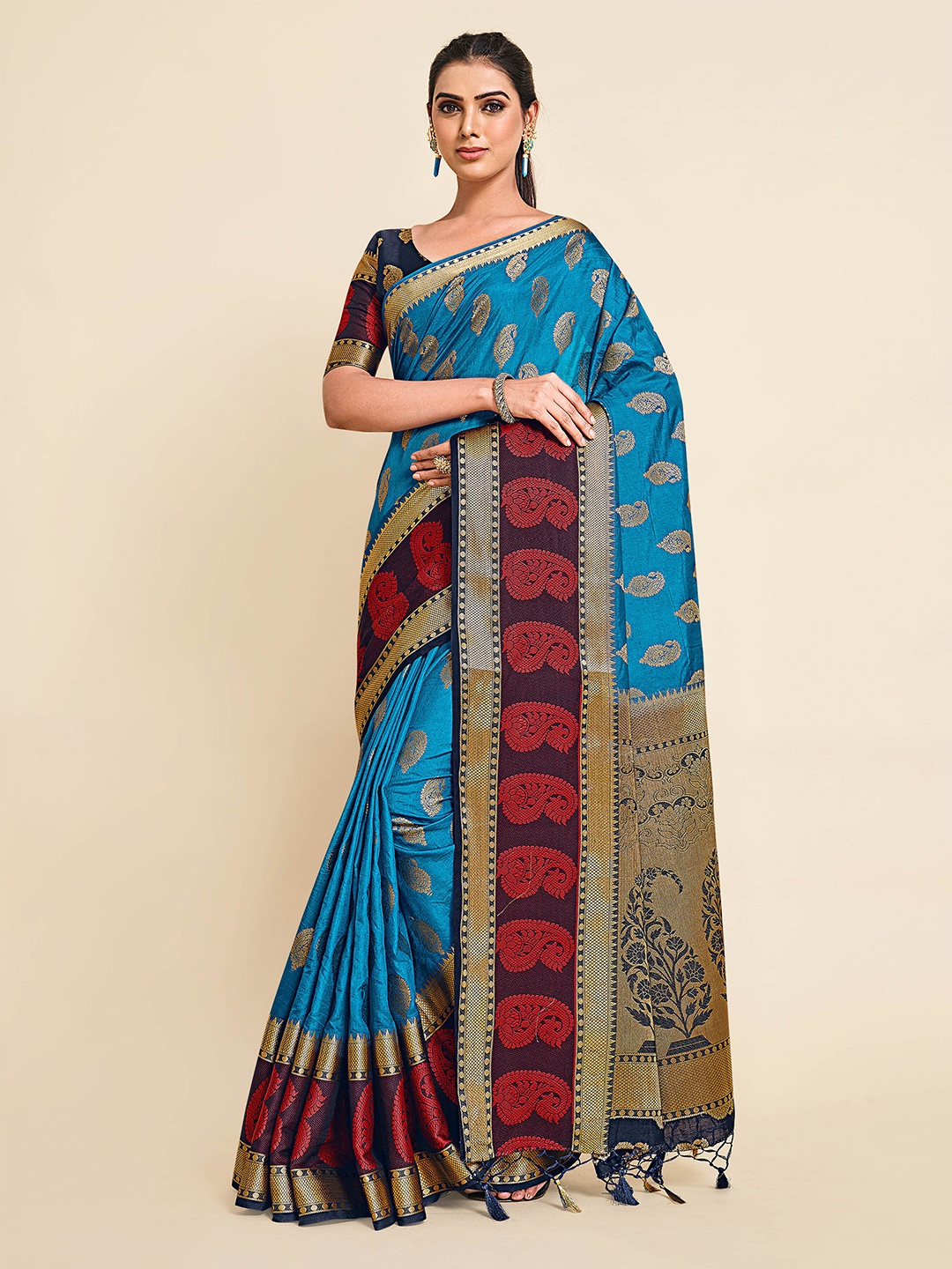 

MIMOSA Blue & Red Woven Design Zari Art Silk Kanjeevaram Saree