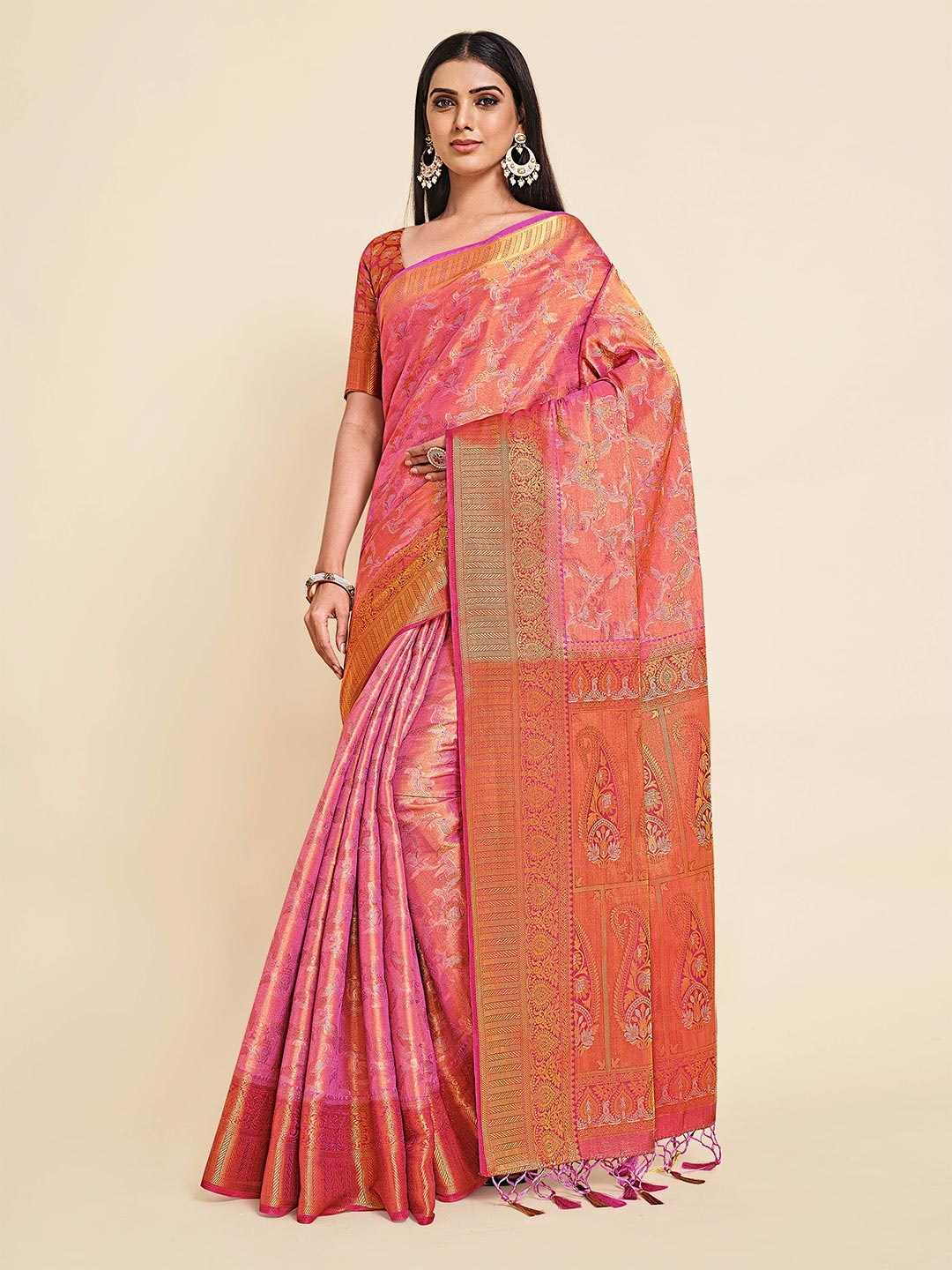 

MIMOSA Pink & Gold-Toned Woven Design Zari Art Silk Kanjeevaram Saree