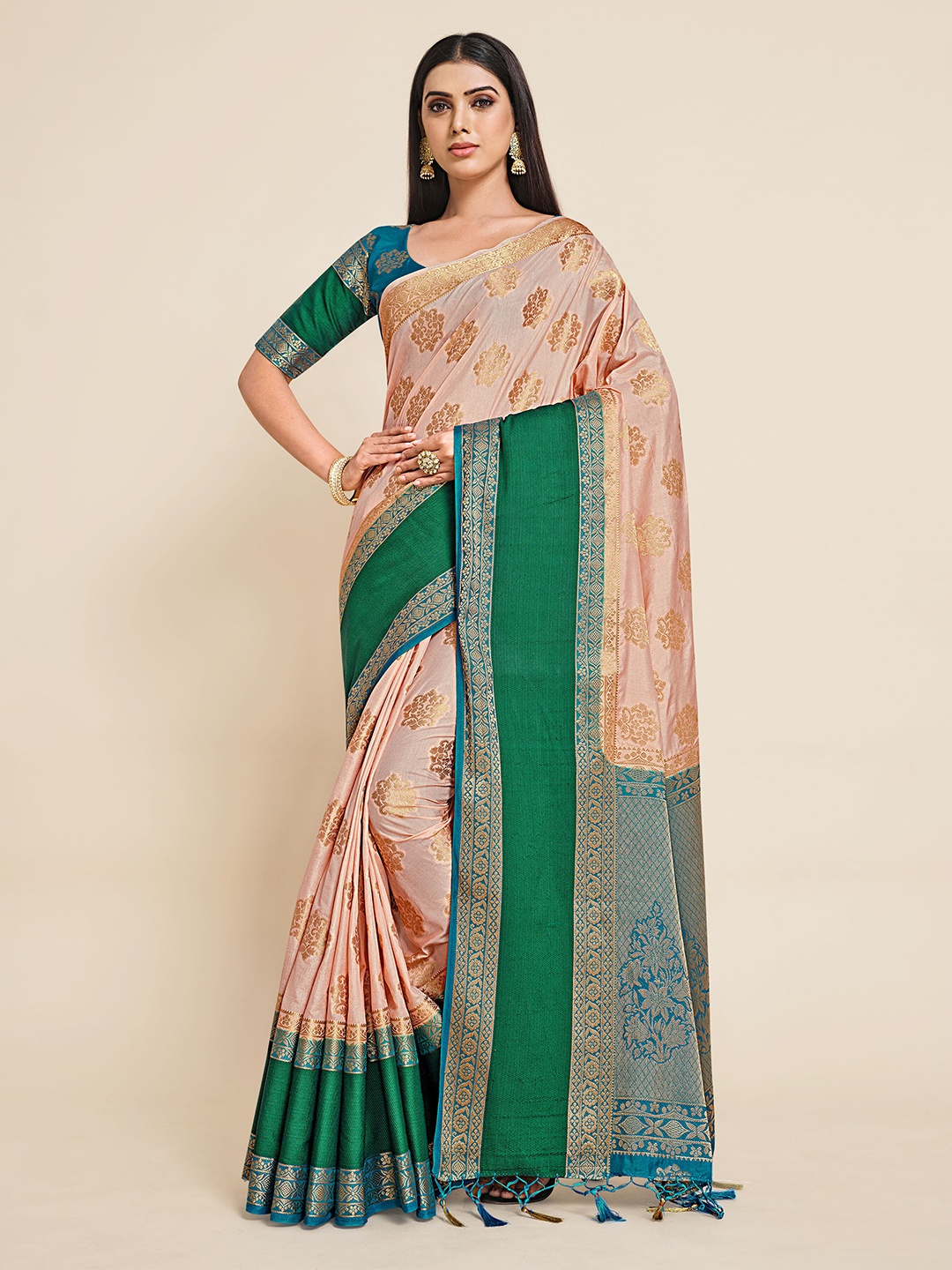 

MIMOSA Peach-Coloured & Blue Woven Design Zari Art Silk Kanjeevaram Saree