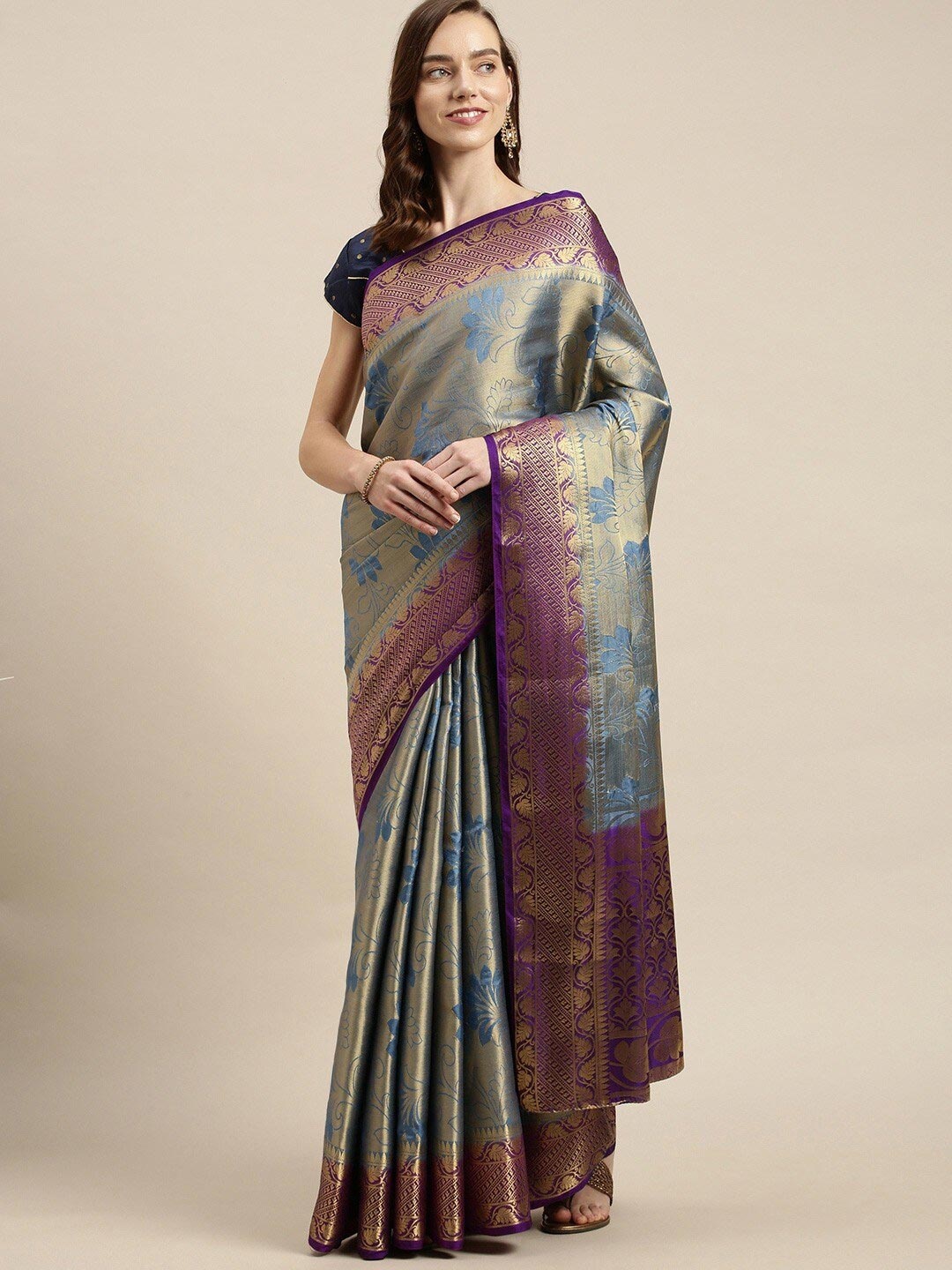 

MIMOSA Grey & Purple Woven Design Zari Art Silk Kanjeevaram Saree