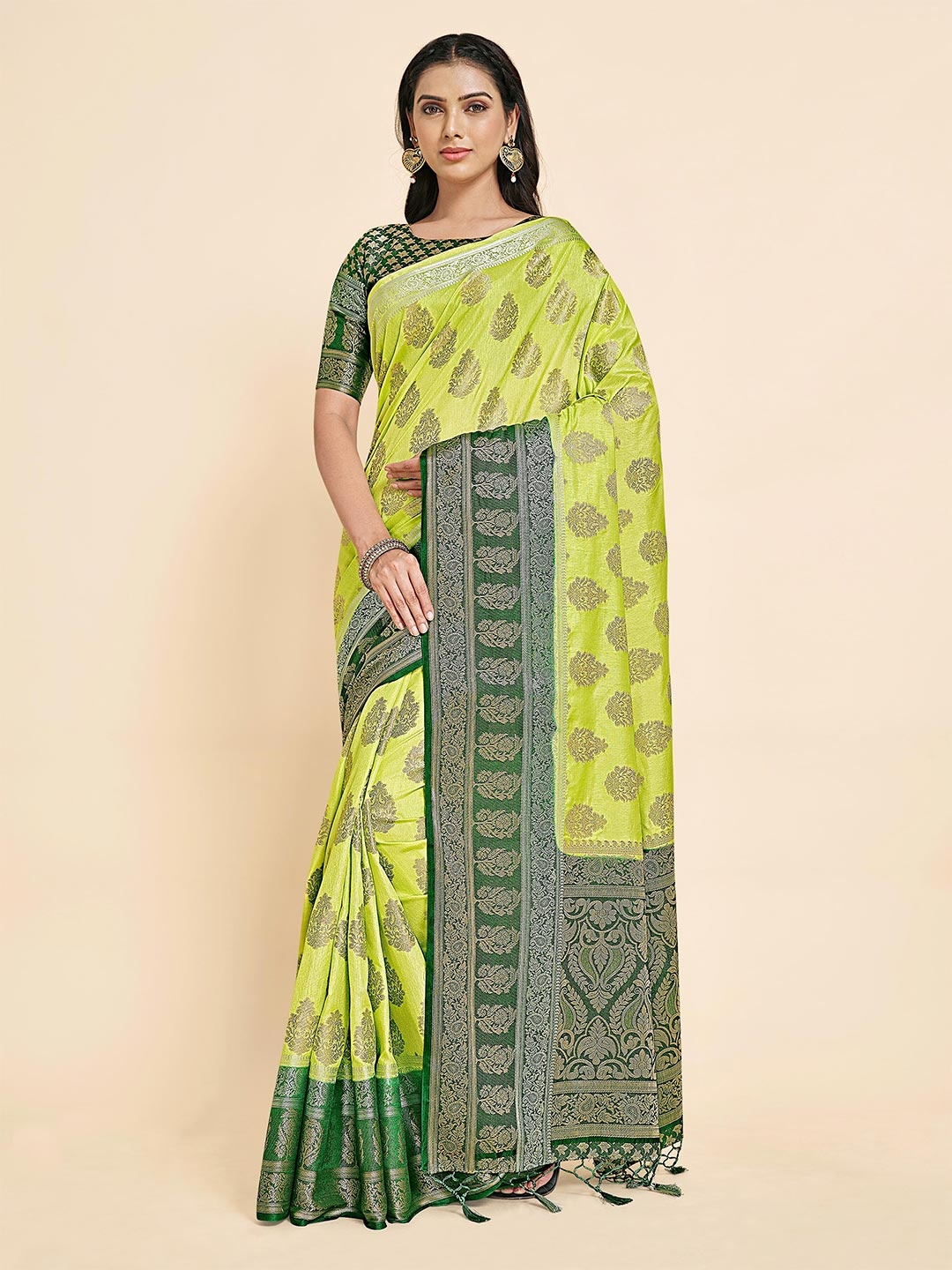 

MIMOSA Lime Green & Gold Woven Design Zari Art Silk Kanjeevaram Saree
