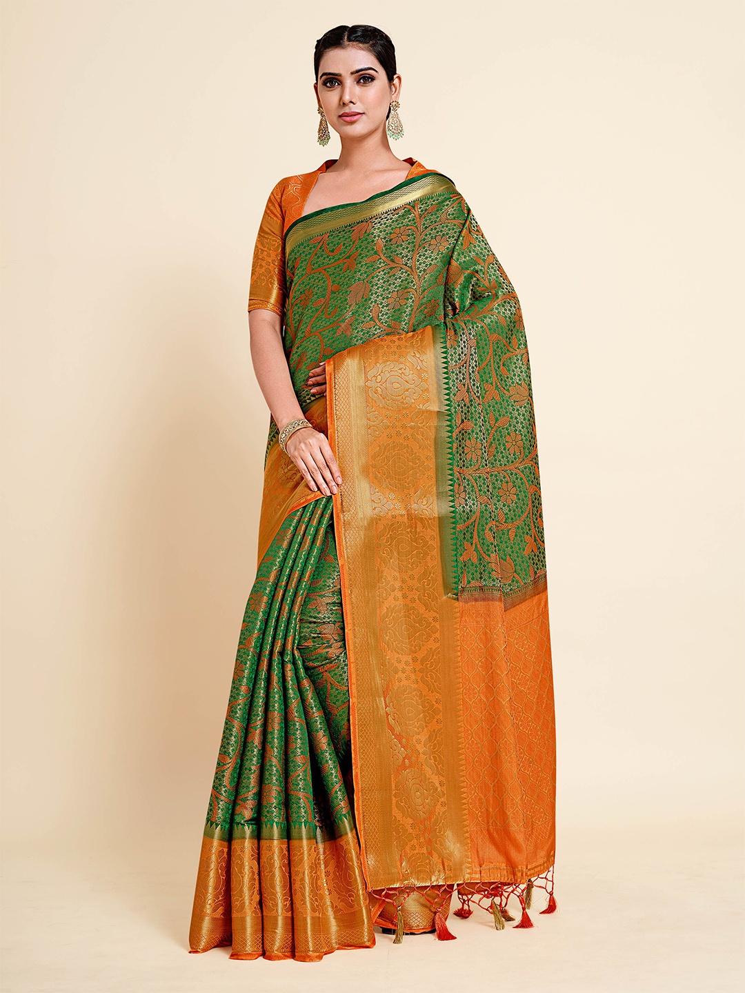 

MIMOSA Green & Orange Woven Design Zari Art Silk Kanjeevaram Saree