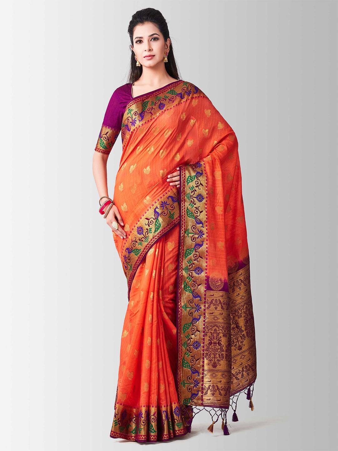 

MIMOSA Coral & Gold-Toned Woven Design Zari Art Silk Kanjeevaram Saree