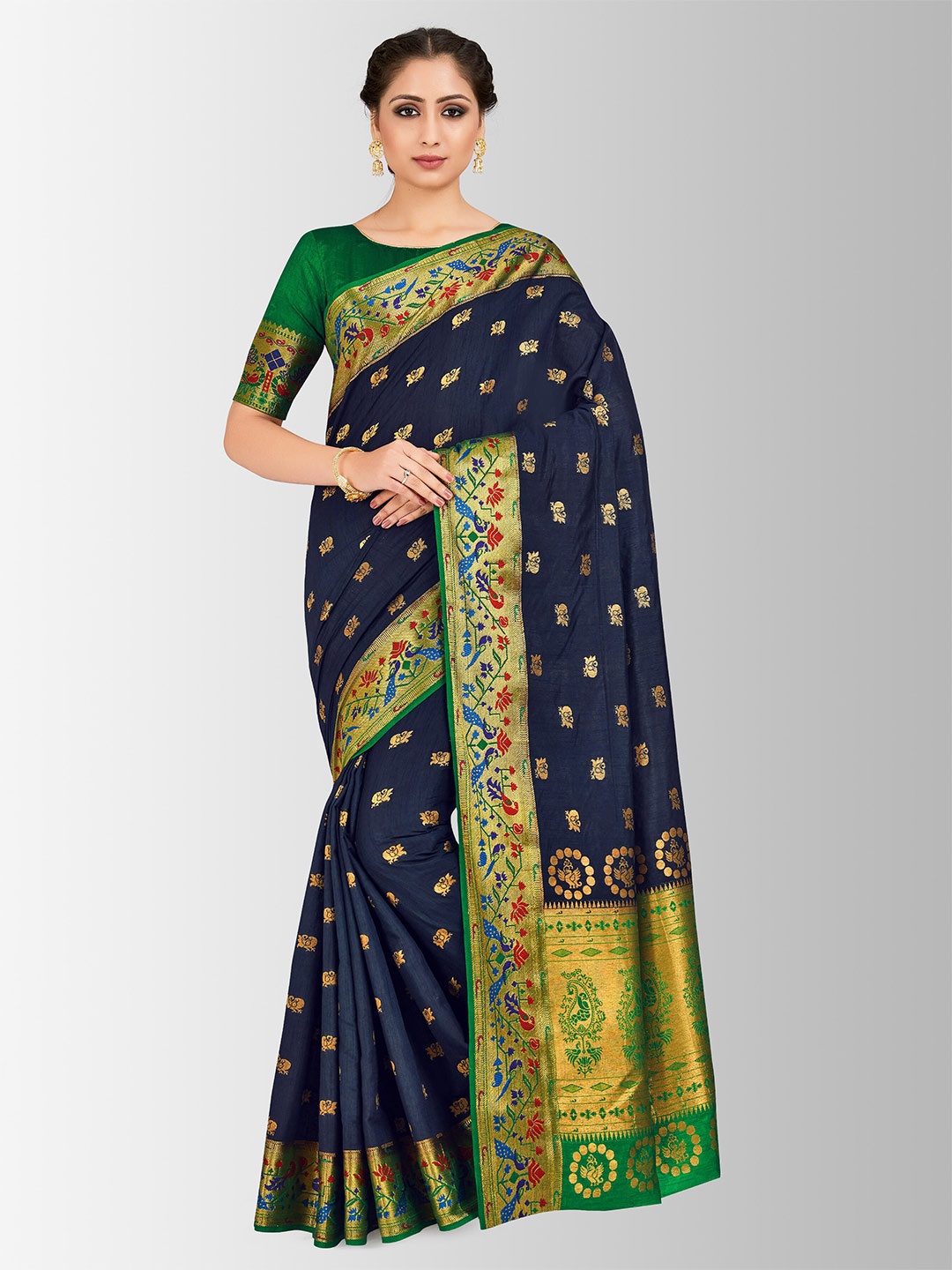 

MIMOSA Navy Blue & Green Woven Design Zari Art Silk Paithani Saree