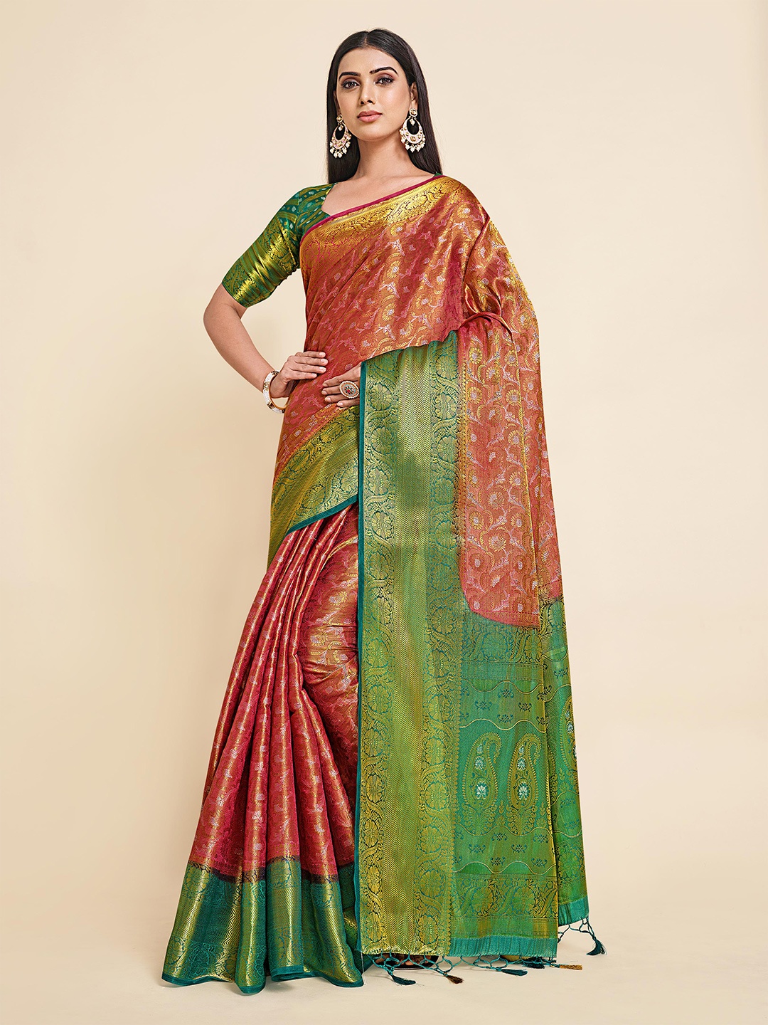 

MIMOSA Pink & Green Woven Design Zari Art Silk Kanjeevaram Saree