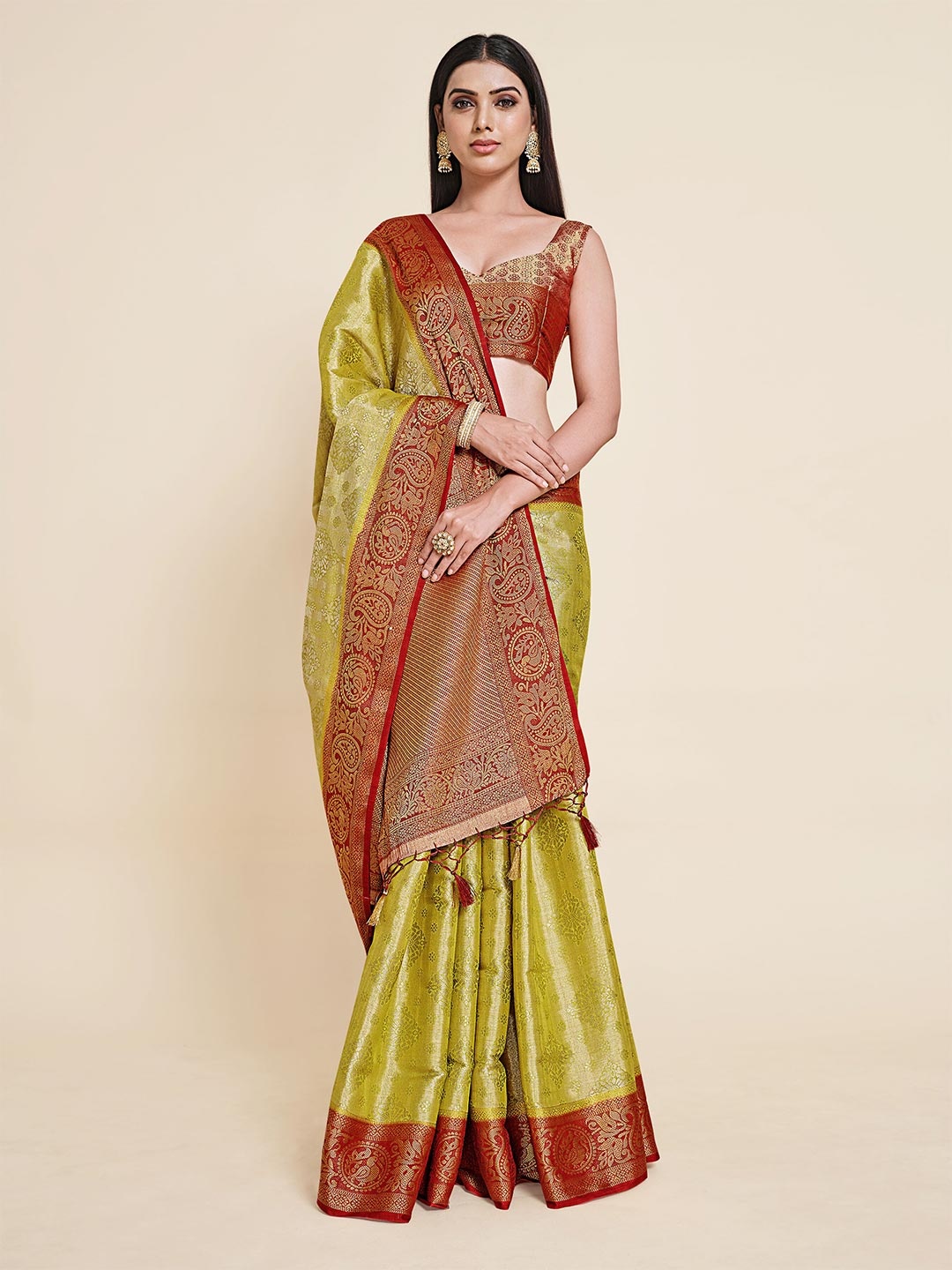 

MIMOSA Lime Green & Red Woven Design Zari Art Silk Kanjeevaram Saree