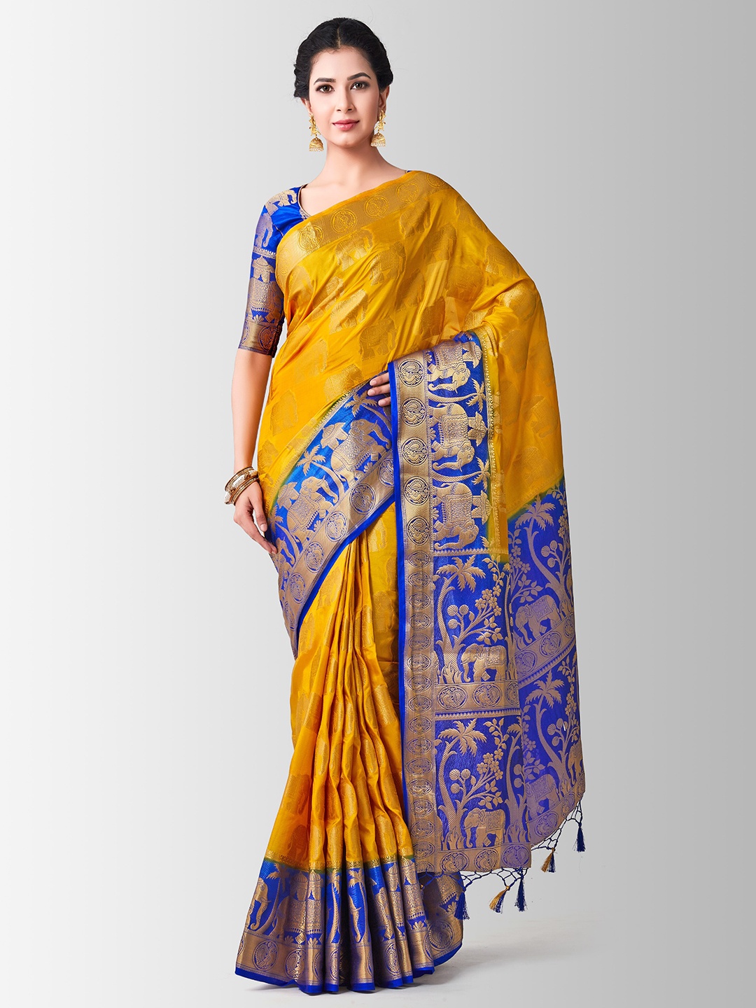 

MIMOSA Mustard & Blue Woven Design Zari Art Silk Kanjeevaram Saree