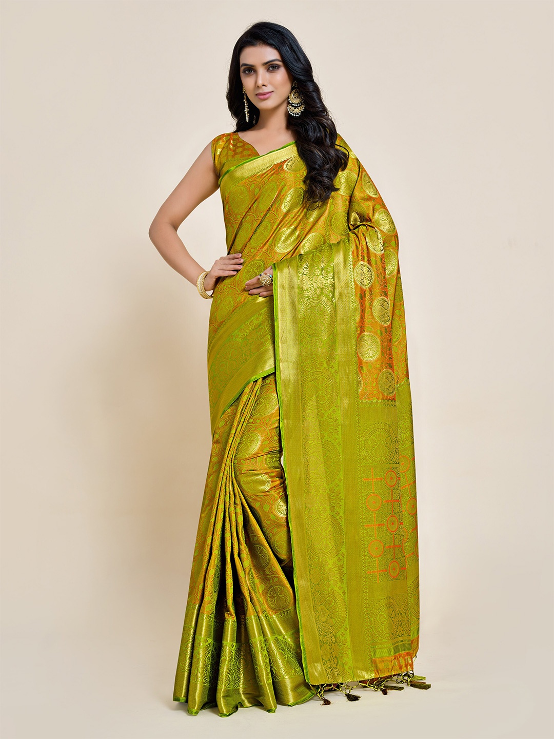 

MIMOSA Lime Green & Yellow Woven Design Zari Art Silk Kanjeevaram Saree