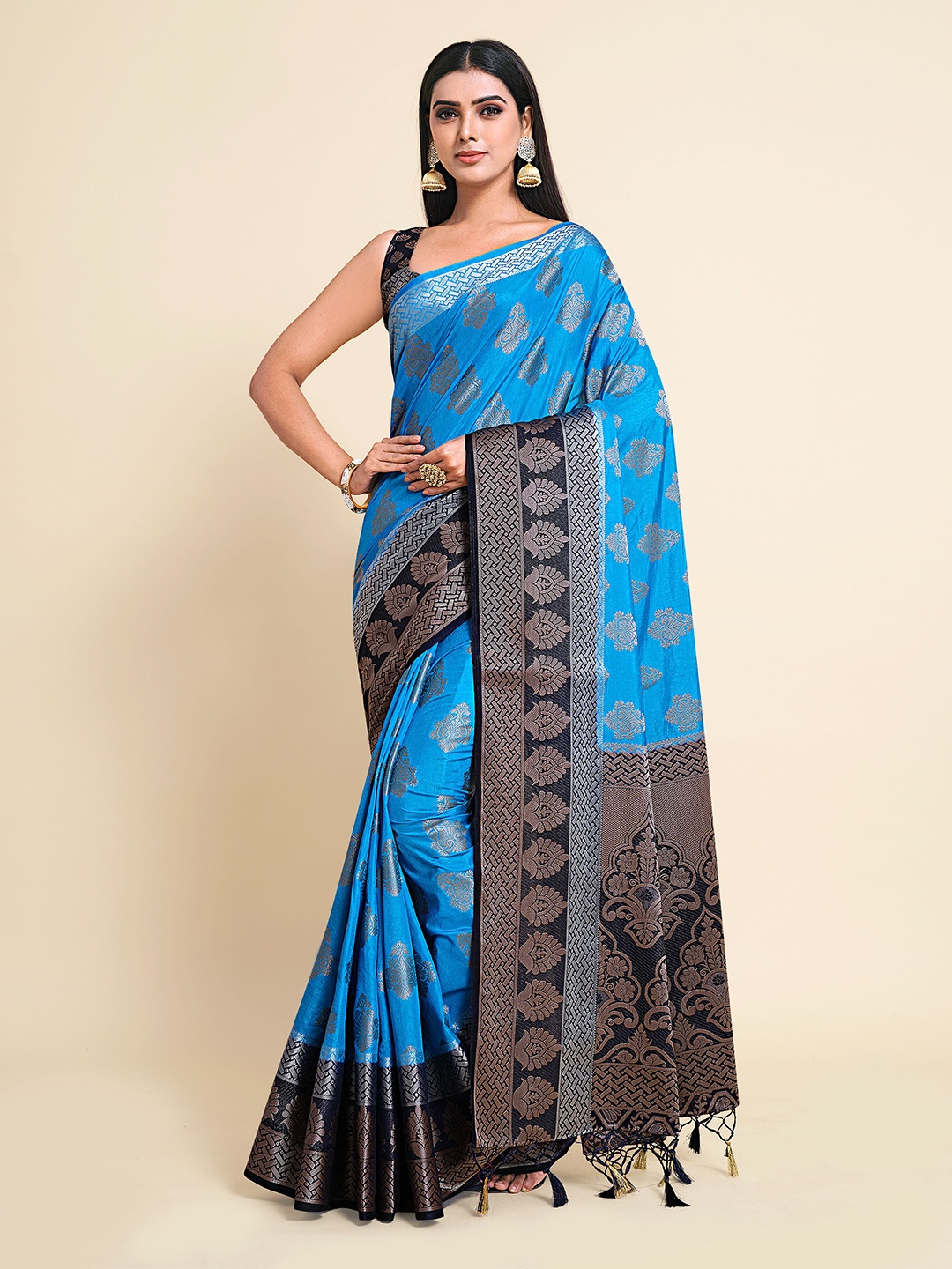 

MIMOSA Turquoise Blue & Black Woven Design Zari Art Silk Kanjeevaram Saree